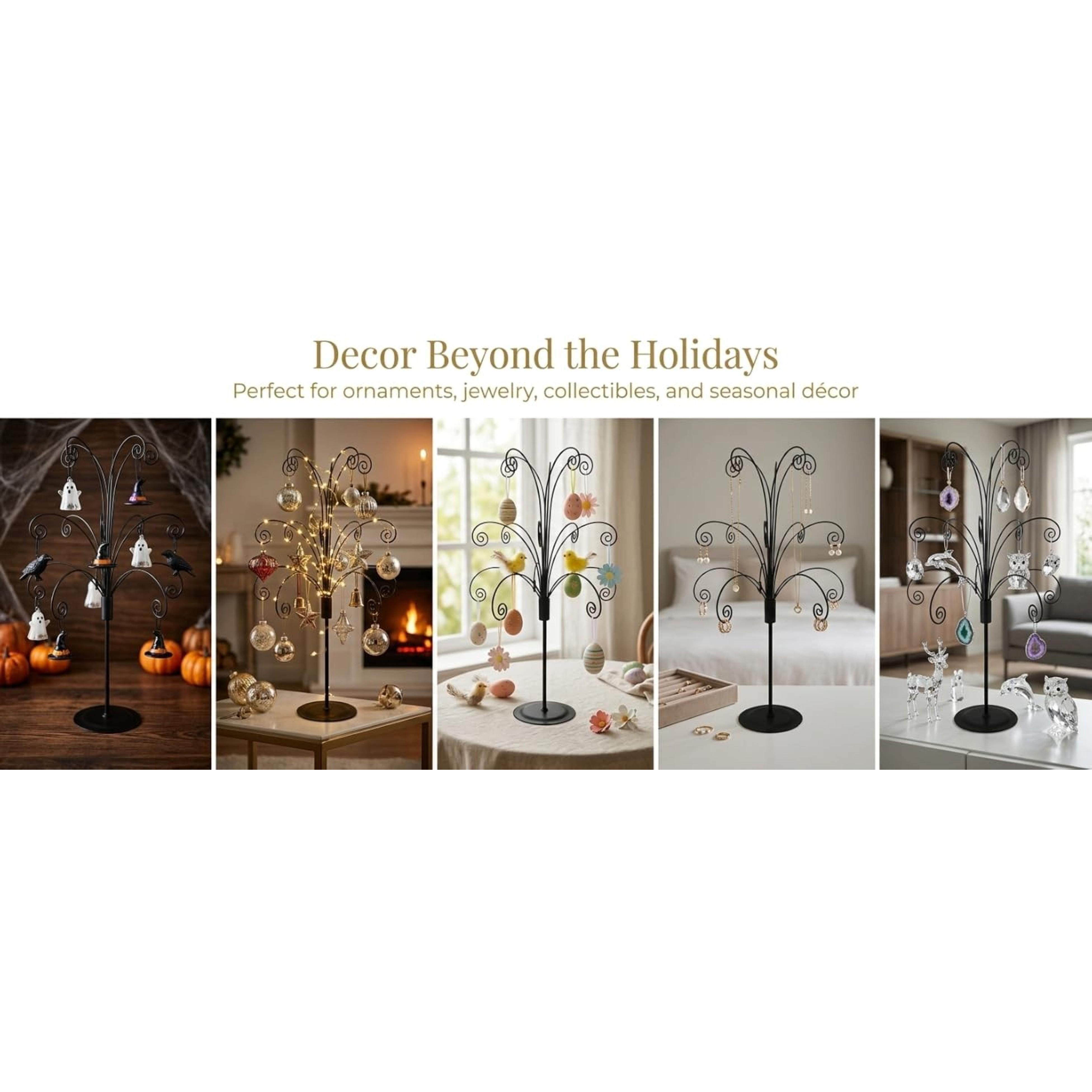 20" Gold Ornament Display Stand Metal Hanging Tree Holder | Displays crystal ornaments, glass baubles, keepsakes and seasonal décor with a sturdy tabletop hanging stand.