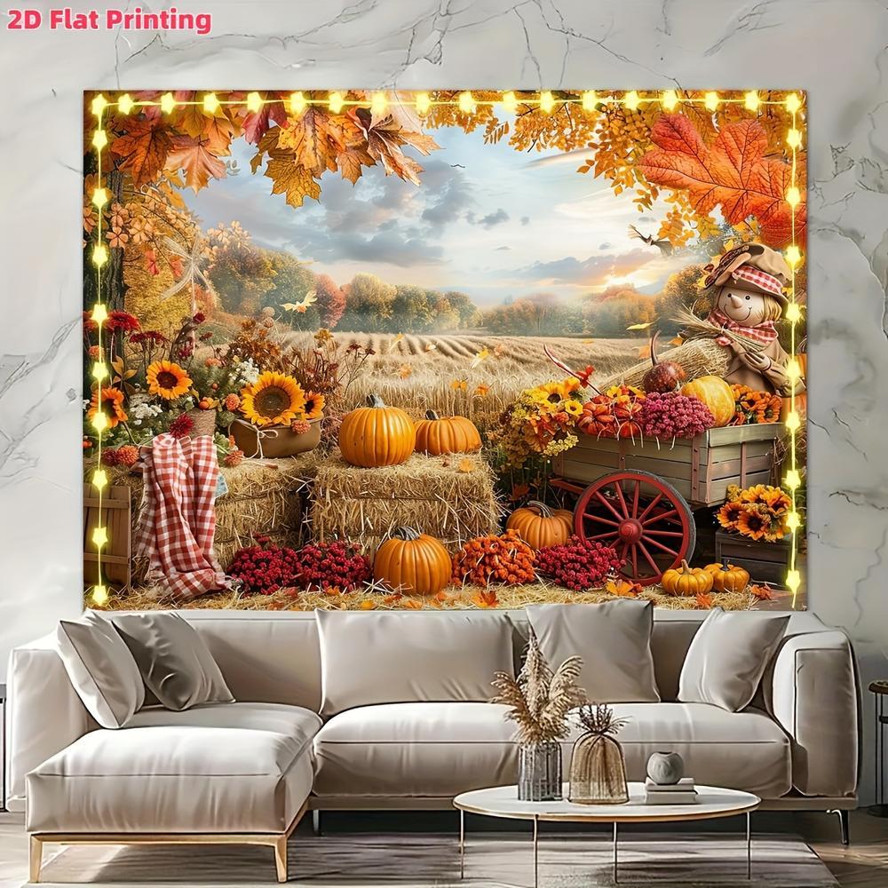 2D Flat, 2D Flat Banner - Autumn Thanksgiving Photo Backdrop with Vibrant Pumpkin Harvest Scene, Featuring Wheat Fields and Sunflowers with Cartoon Gnomes, Polyester Material, Multiple Sizes Availab