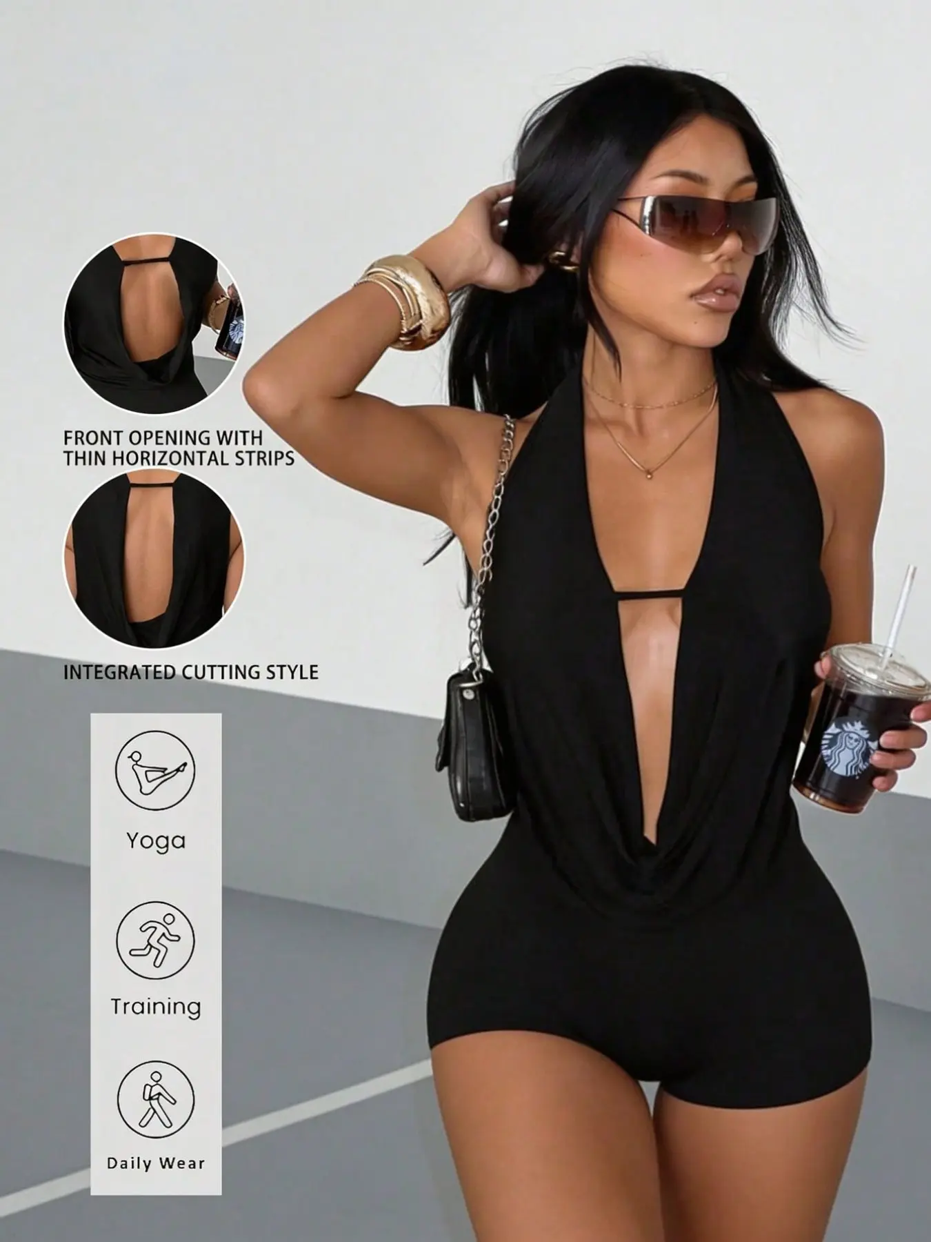 Women's Halter Deep V Jumpsuit, Fitted Sleeveless Jumpsuit, Sexy Backless, Comfortable, Slimming, Elegant, Outdoor, Beach, Casual, Y2K Style, Well Fit