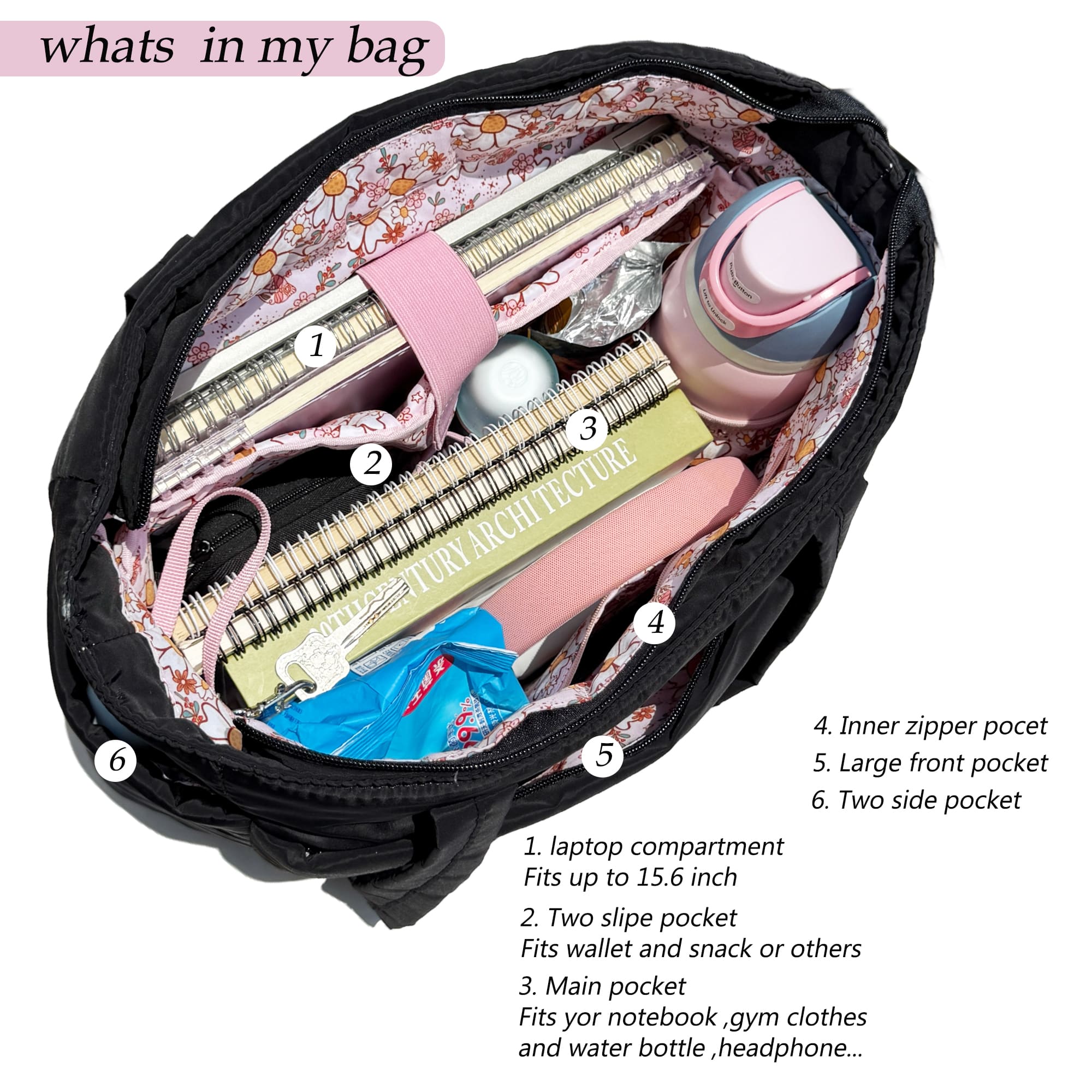 CozyLoucia Cute Puffer Tote Bag for Women Pink Flower Print Interior Laptop Shoulder Handbag, Lightweight Best Tote Bag for Work with Multiple Compartments for Travel , Work  and School ,Christmas Gift Ideas