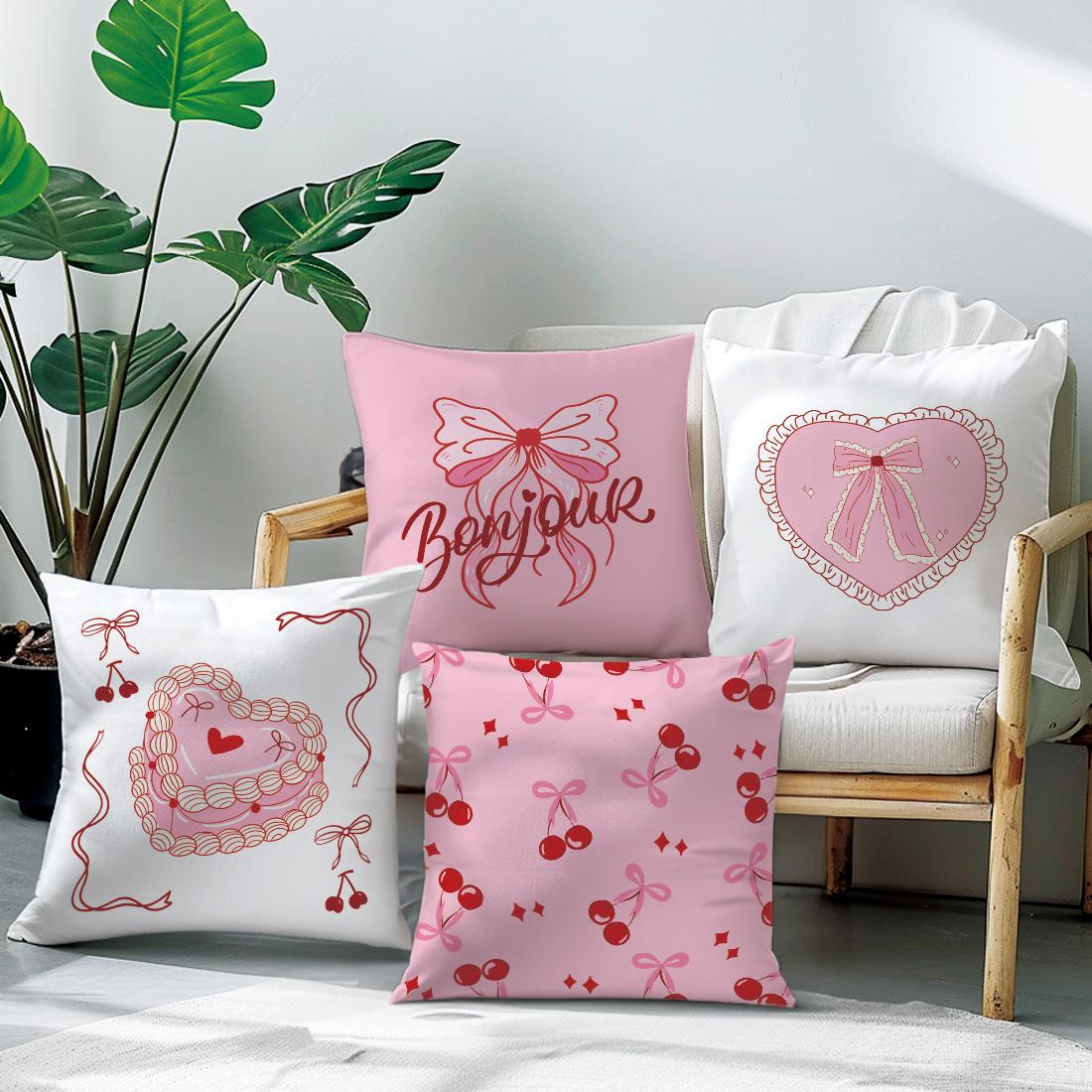 4pcs Cute Bow Cherry Illustration Pillow Covers, Single-Sided Print, Simple Home Decor for Living Room Bedroom, No Insert Included