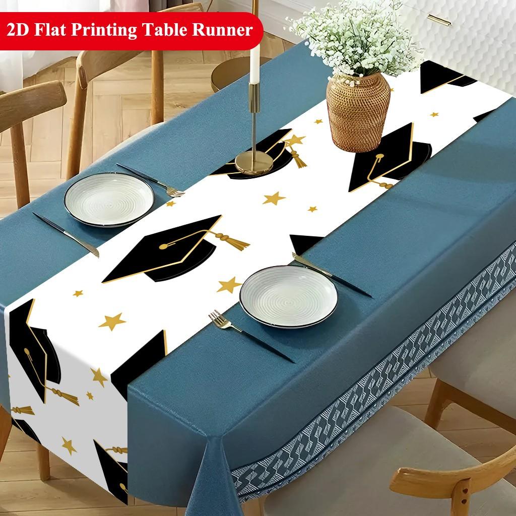 2D Table Runner, Graduation Hat and Stars Polyester Tablecloth, Festival Party Table Cover, Home Decor, Dining Table Decoration, Gift