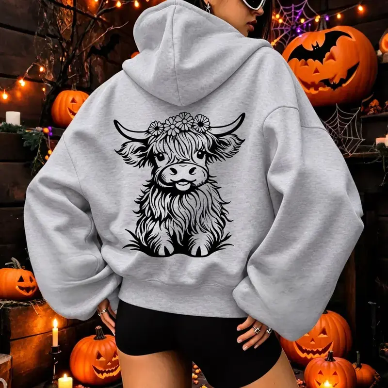 Women’s Cute Highland Cow Print Oversized Hoodie Soft Fleece Pullover Sweatshirt Casual Loose Fit Long Sleeve Hoodie Top Fall Winter Fashion