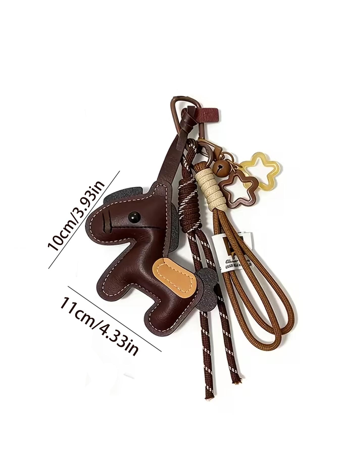 Retro Brown PU Pony Keychain. Ins-Style Color-Block Stitching, Star Bell Charm, Lanyard Design | Key/Bag Accessory, A Cute Niche Accessory Suitable For Commuting/Daily Outfits