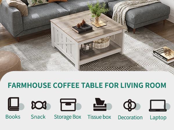 Yitahome Farmhouse Coffee Table with Storage, Square Wood Modern Rustic Coffee Table for Living Room,Grey Wash Coffee Tables,Coffee Table with Half Open Storage Compartment
