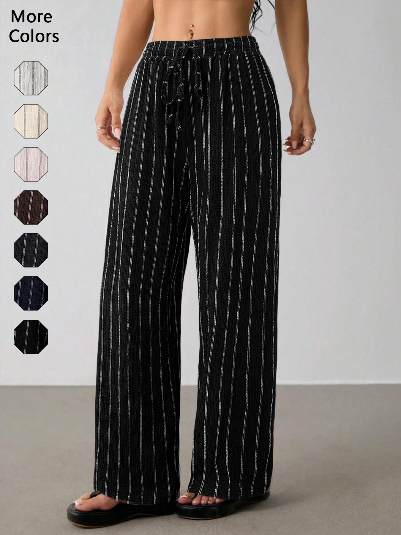 Women's Striped Waist-Tie Straight-Leg Loose Streetwear Pants, Casual Style, Moderate Fabric Thickness, All-Season Wear