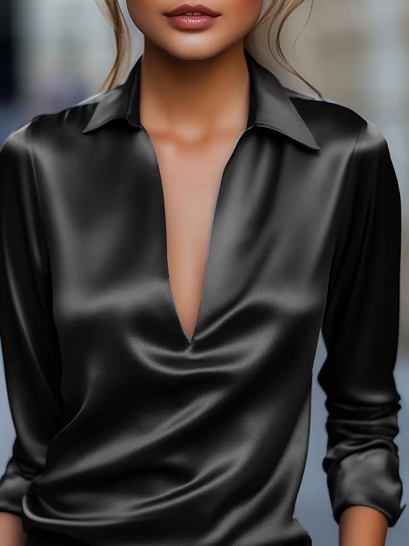 Women's Solid Color Commuter Satin Long Sleeve Simple Shirt, Elegant Office Wear, Comfortable and Stylish, Perfect for Daily Use