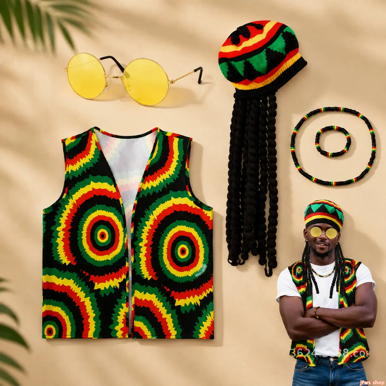 Women's 4Pcs Reggae Costume Set - Rasta Dreadlocks Wig, Hat, Glasses, Bracelet - Caribbean Party, Halloween Dress-Up Accessories for Adults