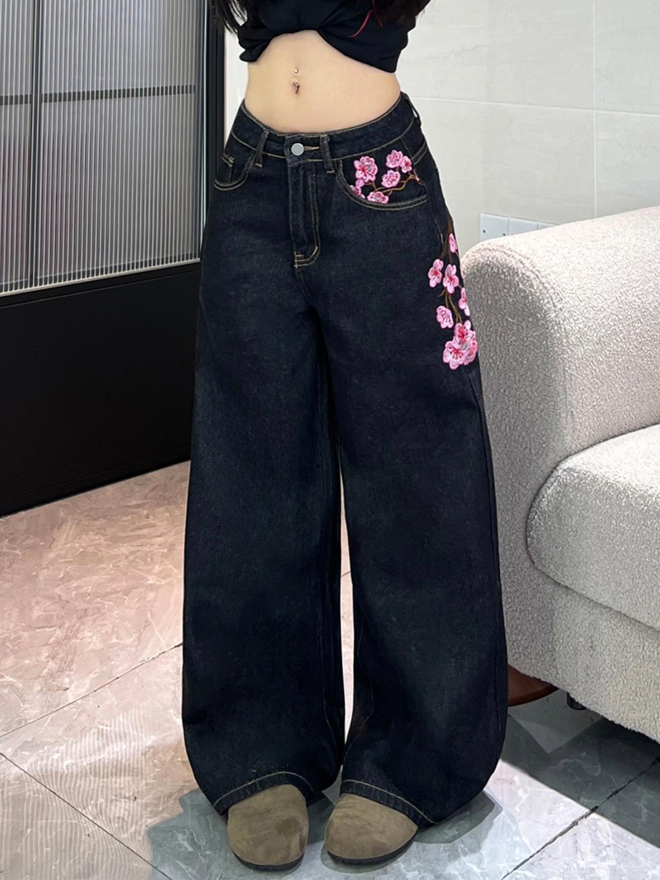 Women's High-Waisted Jeans, Embroidered Denim Jeans, Fashion Floral Embroidery, Loose-Fit Wide Leg Pants, All-Season Versatile Long Trousers, Denim Bottoms, Loose Cut Jeans, Multiple Colors Available