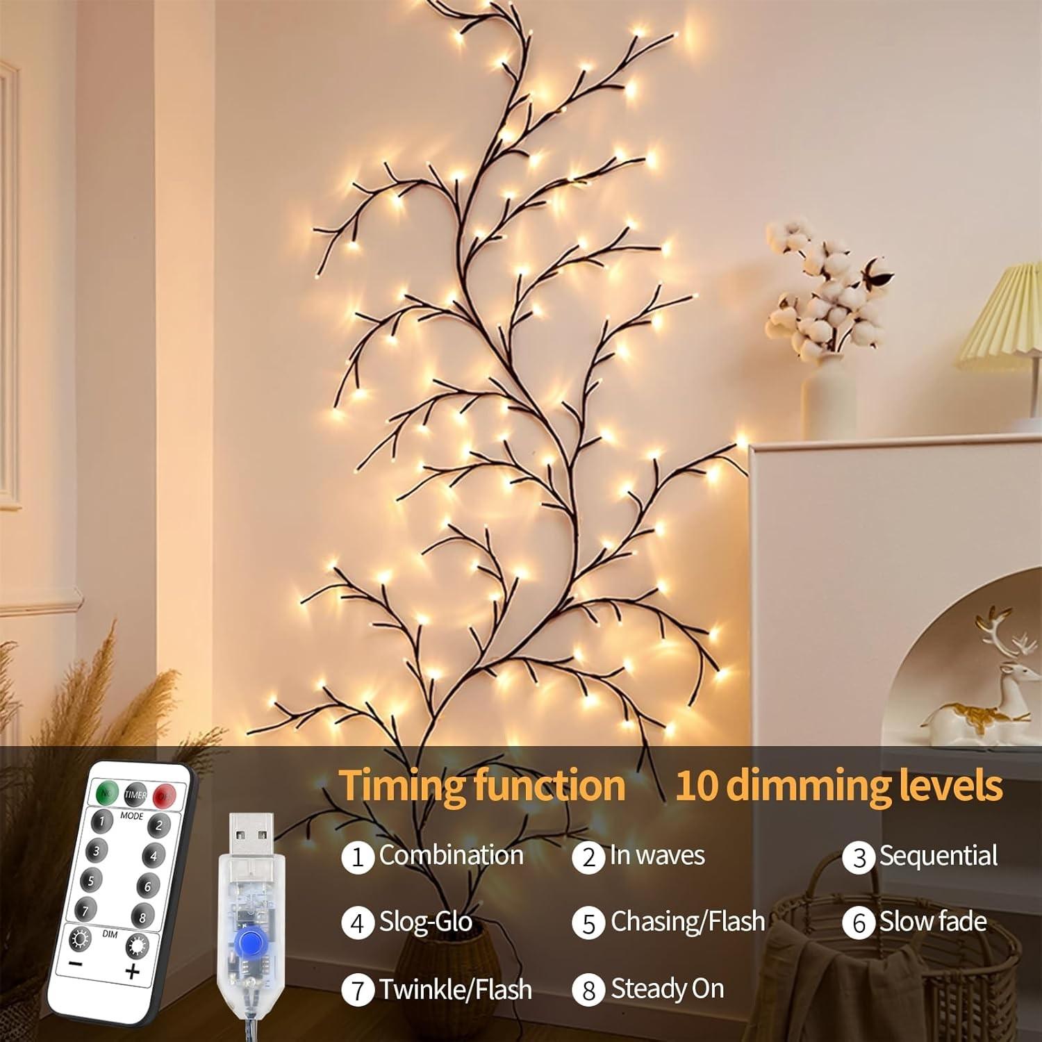 Willow Branches String Lights USB Powered with Remote Control, 8 Modes Warm White Twinkling Tree Lights for Wall Decor, Home Bedroom Living Room, Christmas Valentine Easter Wedding Party DIY Decoration Lamp