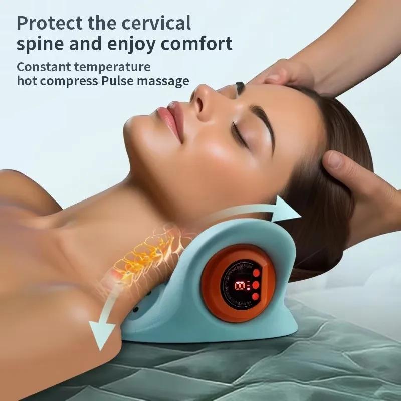 Electric cervical traction massager, neck massager, EMS relaxation and heating kneading massage pillow, ergonomic headrest, for adult neck repair traction, electric neck and head acupoint massage, home relaxation tools, USB charging