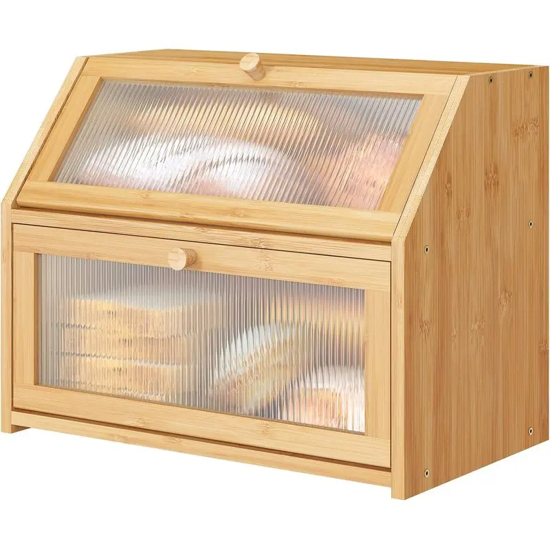 Large Bamboo Wood Double Layer Bread Box for Kitchen Counter, 2 Tier 14.6 x 9.4 Board Bread Storage Holds 2 Loaves, Rolls and Muffins, BPA Free and Easy to Clean,Middle