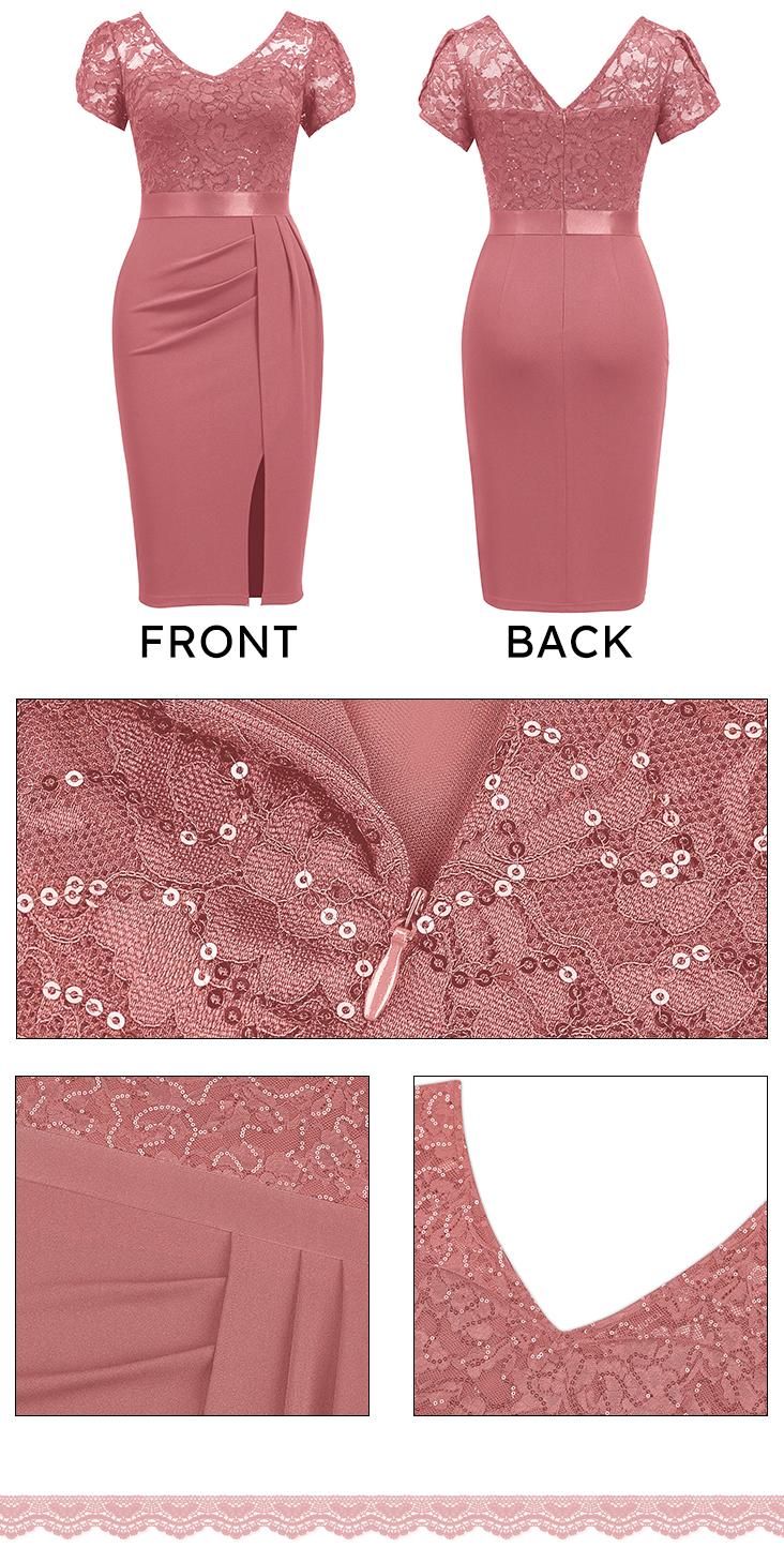 MIUSOL 54347A Women's Sequin Floral Lace V Neck Elegant Ruffle Ruched Style Slim Fit Cocktail Party Chic Womenswear Formal Dress