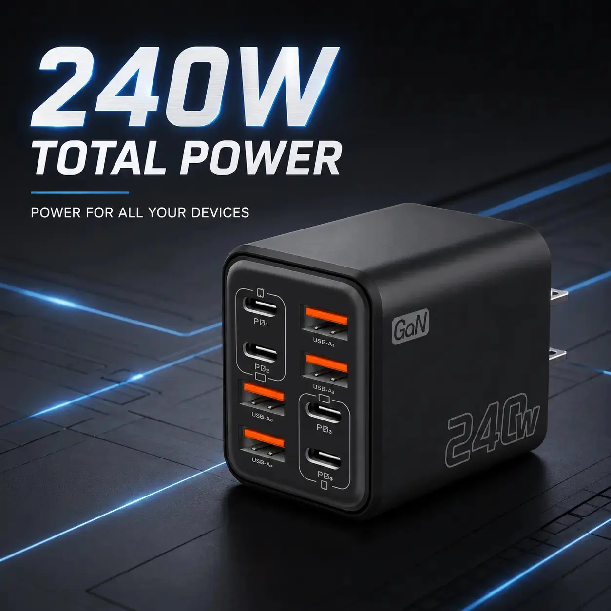 240W GaN Square Phone Charger - 8-Port Portable USB C & USB A Charging Station, Cellphone & Multi-Device Charging Cube Plug