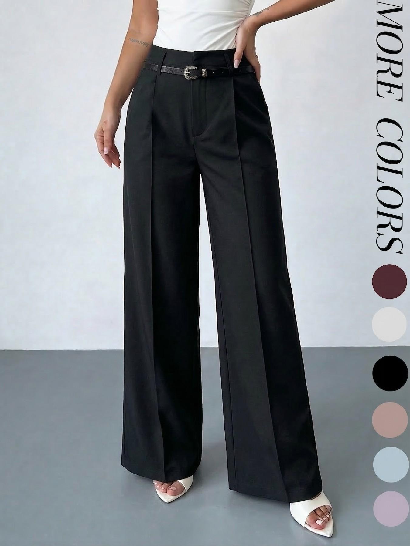 Women's Elastic Waist Solid Color Zipper Button Pocket Wide Leg Trouser Pants, Elegant Commuter Multi-Functional Office Wear Womenswear