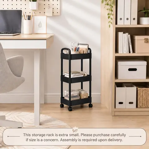 Small Mobile Plastic Storage Rack with Wheels, Space‑Saving Organizer, Home Organizer Storage in Black & White, Self‑Assembly for Bedroom Living Room Kitchen, Holds Daily Items, Holiday Gift for Family Friends Colleagues for Christmas Mother's Day