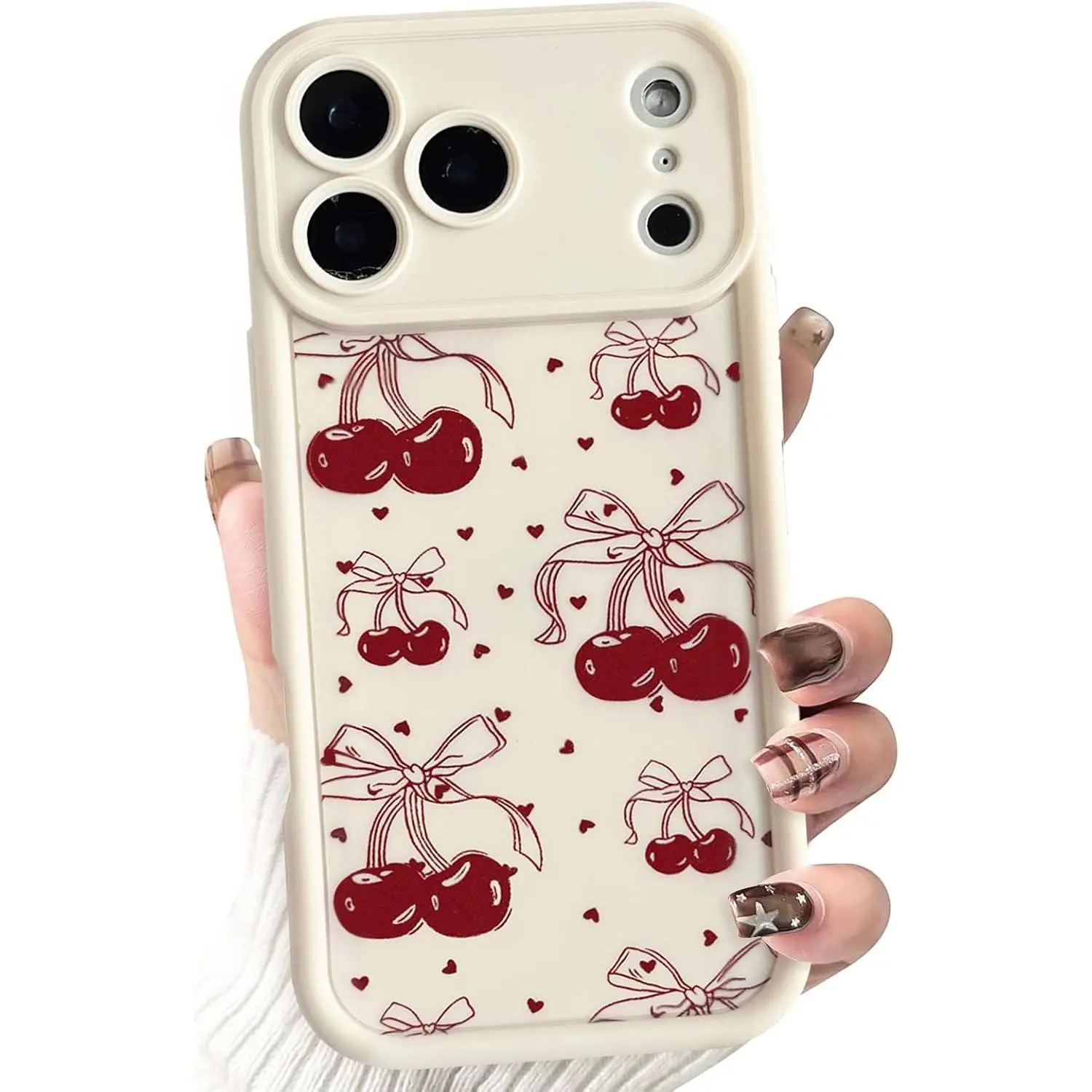 Cute Cherry & Red Bow Pattern Soft TPU Protective Cover Case for iPhone X/XS/11/12/13/14/15/16/17 Mini/Plus/Pro/Pro max, Aesthetic Camera full Protection Shockproof phone case Girly Gift