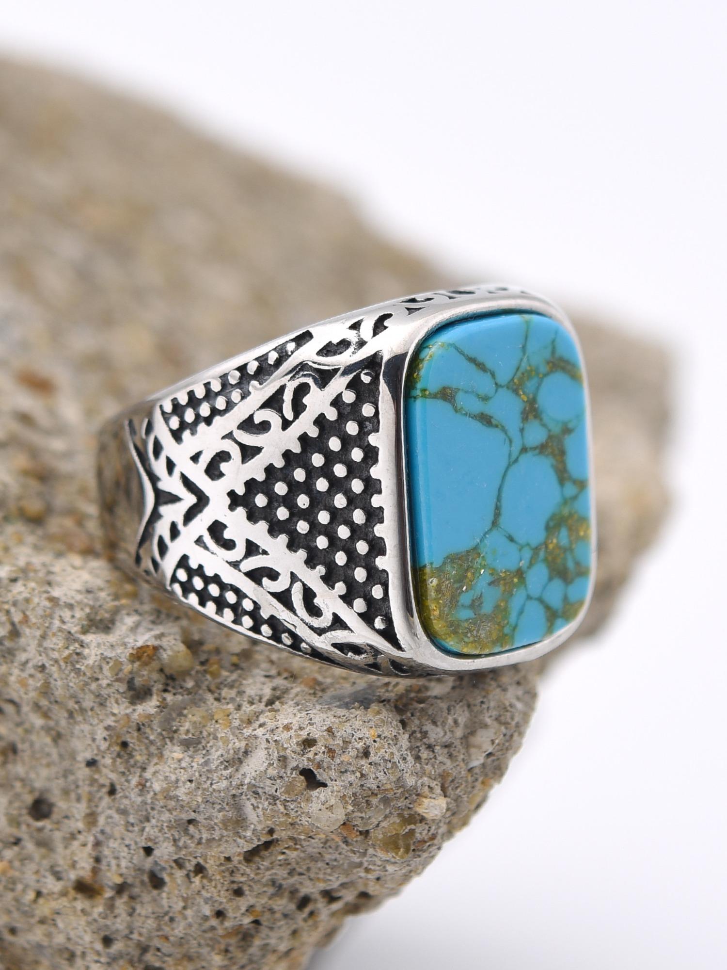 Vintage Men's Signet Ring 316L Stainless Steel Silver Color Blue Agate Square Stone Retro Carving Jewelry Gift