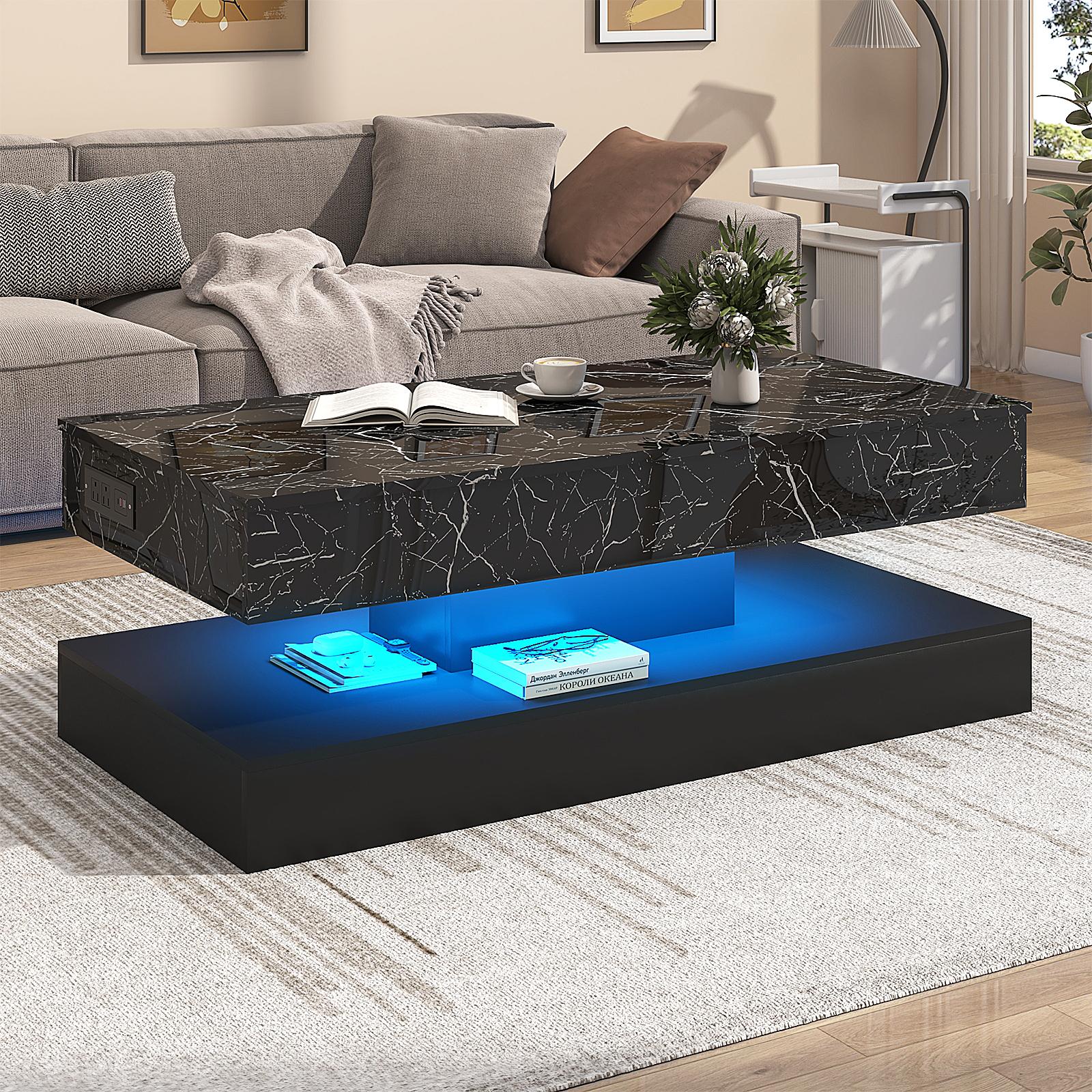 39.4"/47.2" Large Lift Top Coffee Table,Modern High Glossy LED Coffee Tables for Living Room with Storage,Black Living Room Tables for Living Room,Dining Room,Bedroom Home Office,APP LED Lights（Black/white）