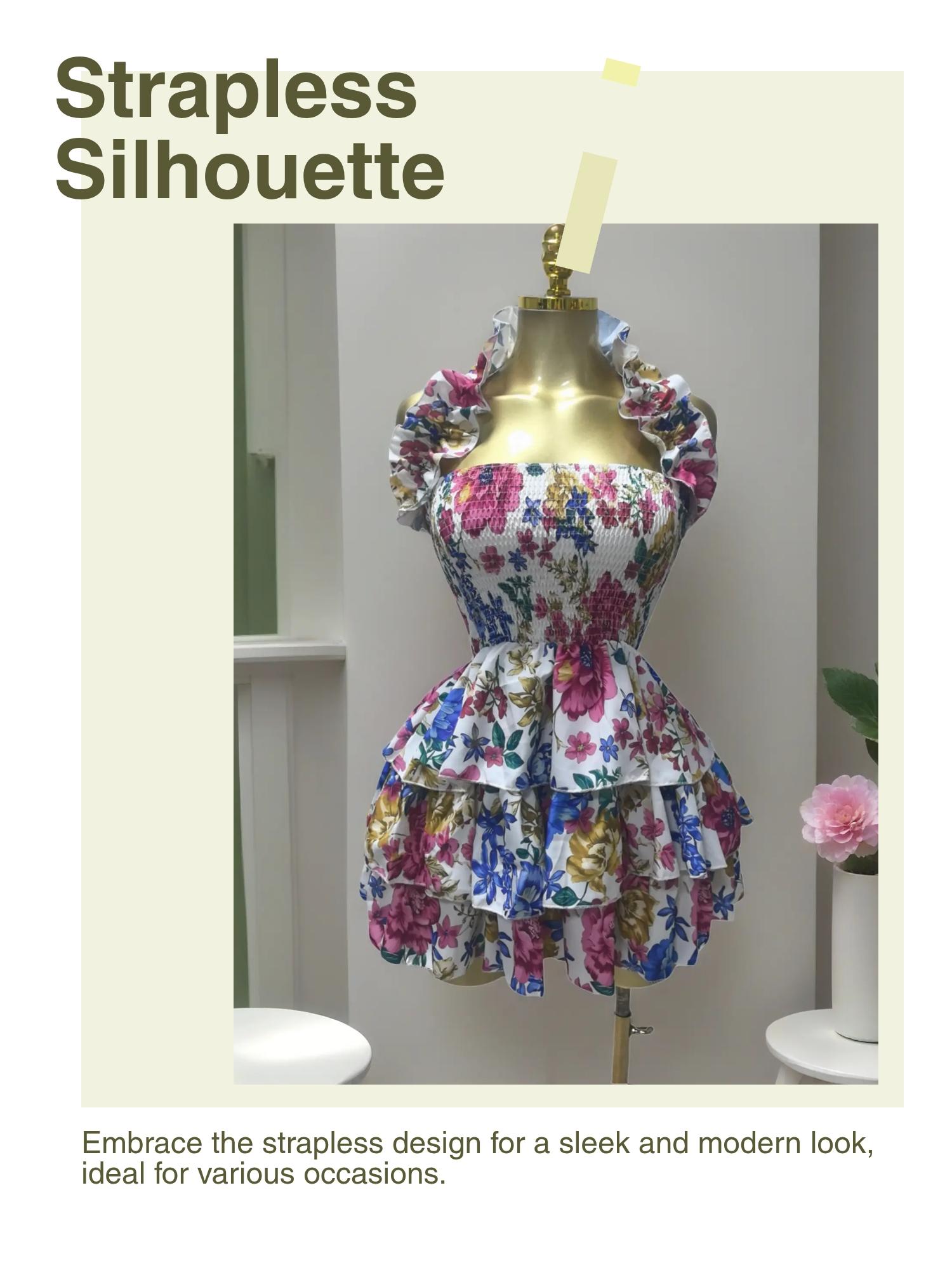 PULKRITU Elegant Women's Floral Print Backless Strapless Layered Ruffle Mini Dress, Casual Party Outfit, Perfect for Club, Brunch, Graduation & Evening Events PULKRITU Elegant Women's Floral Print Backless Strapless Layered Ruffle Mini Dress, Casual Party Outfit, Perfect for Club, Brunch, Graduation & Evening Events