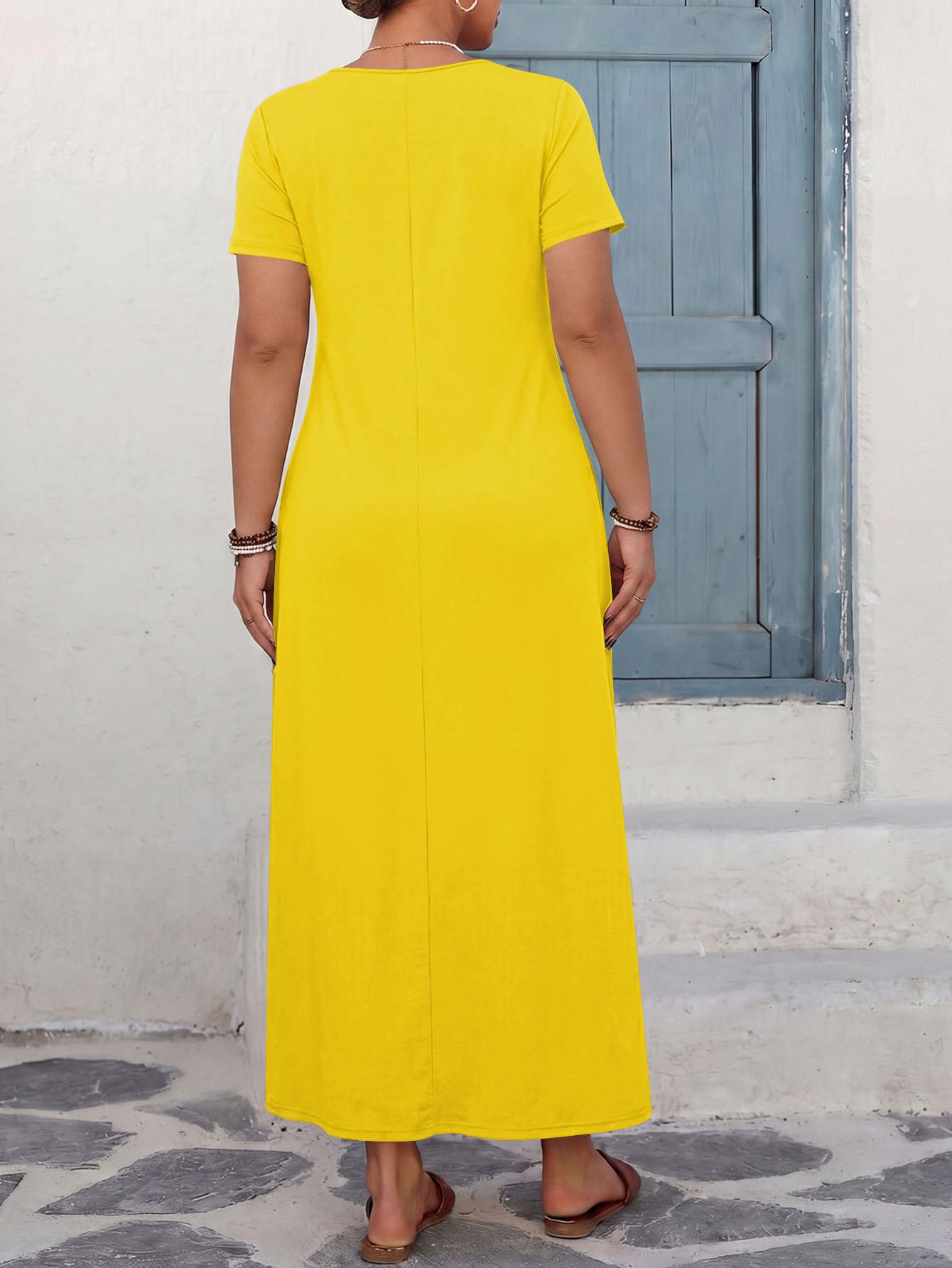 ✨ Plus Size Women's Solid Minimalist Short Sleeve Round Neck Dress, Loose Straight Long Fat Hiding Casual Maxi Dress, Casual Wear