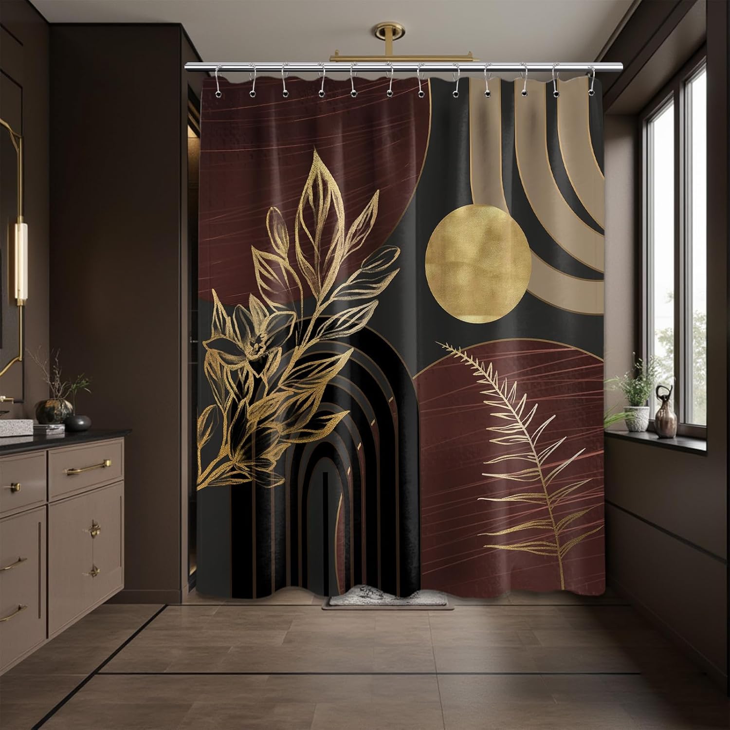 Boho Mid-Century Shower Curtain 70x72 Inch, Dark Brown Black and Gold Bathroom Curtain, Waterproof Fabric Bath Curtain with Hooks, Modern Geometric Bathroom Decor