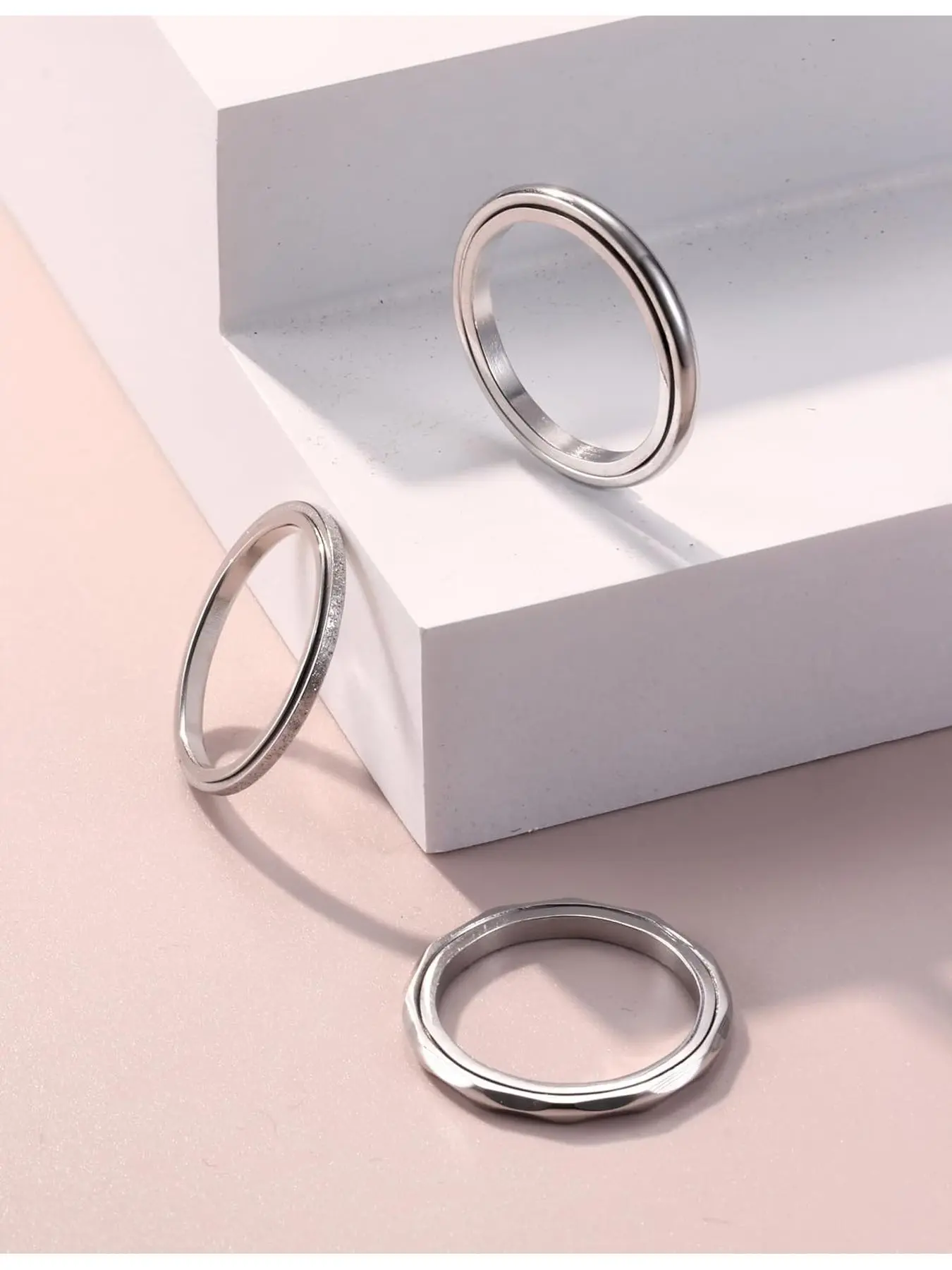Fidget Ring for Anxiety Stainless Steel Spinner Ring for Women 3 Pcs Anti Stress Ring,Spinning Band Rings,Thumb Rings Set,Silver Rings for Women