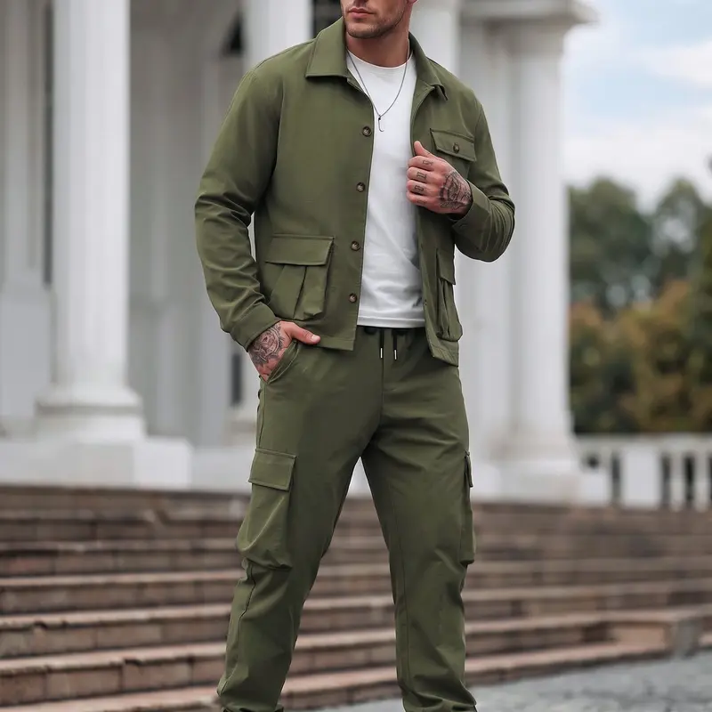 Men's Fall New Arrival 2-Piece Set, Casual Long Sleeve Blouse and Pants, Comfortable Fitted Style, Daily Wear Outdoor
