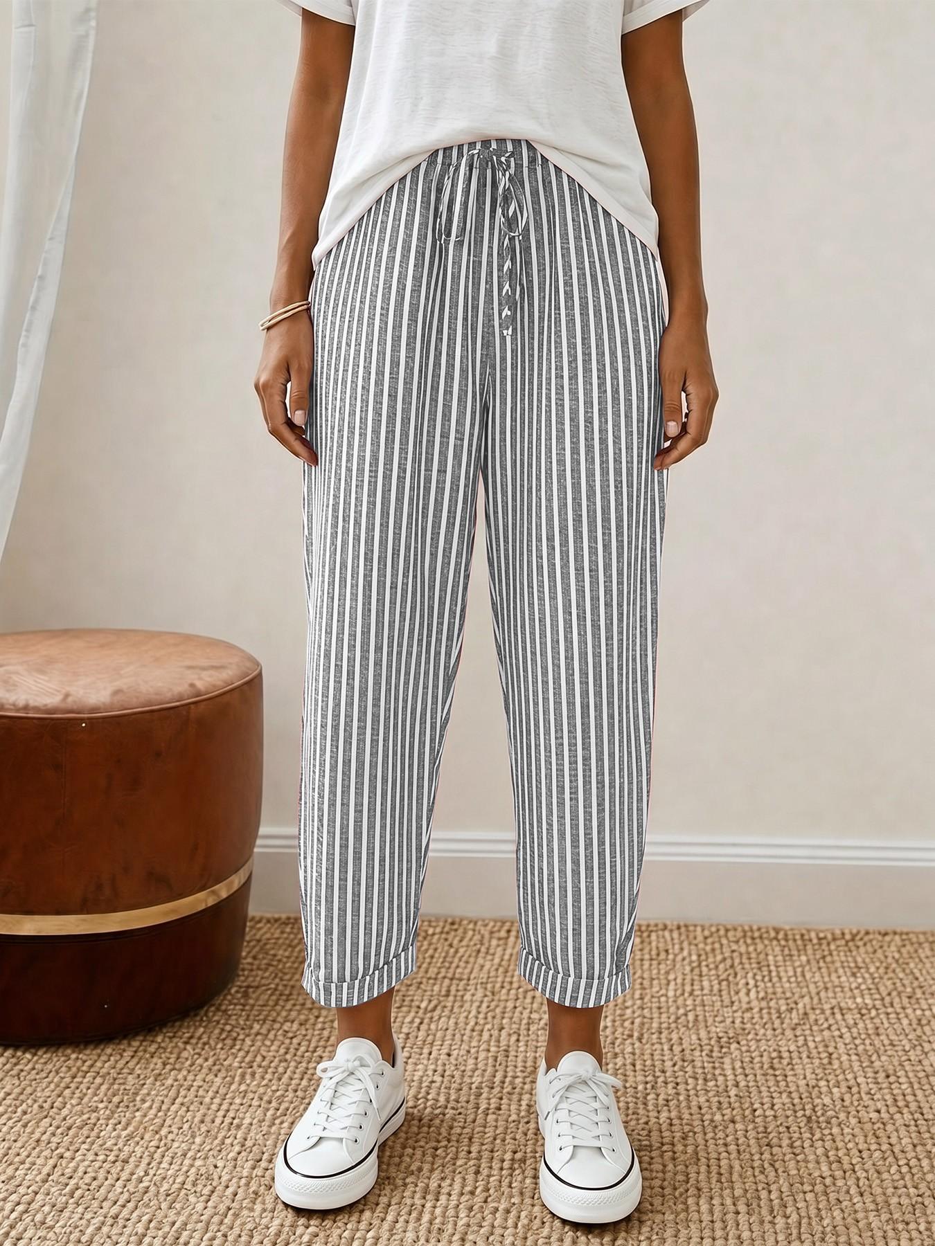 Women's Capri Pants, Cropped Wide Leg Striped Pants with Elastic Drawstring Waist   Side Pockets, Loose Fit Casual Streetwear Trousers for Women, Machine Washable Back To School College Outfit, Travel & Everyday Wear