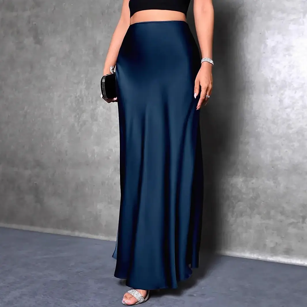 High Waist Satin Maxi Skirt Women Elegant Solid Color Glossy Fishtail Long Skirt