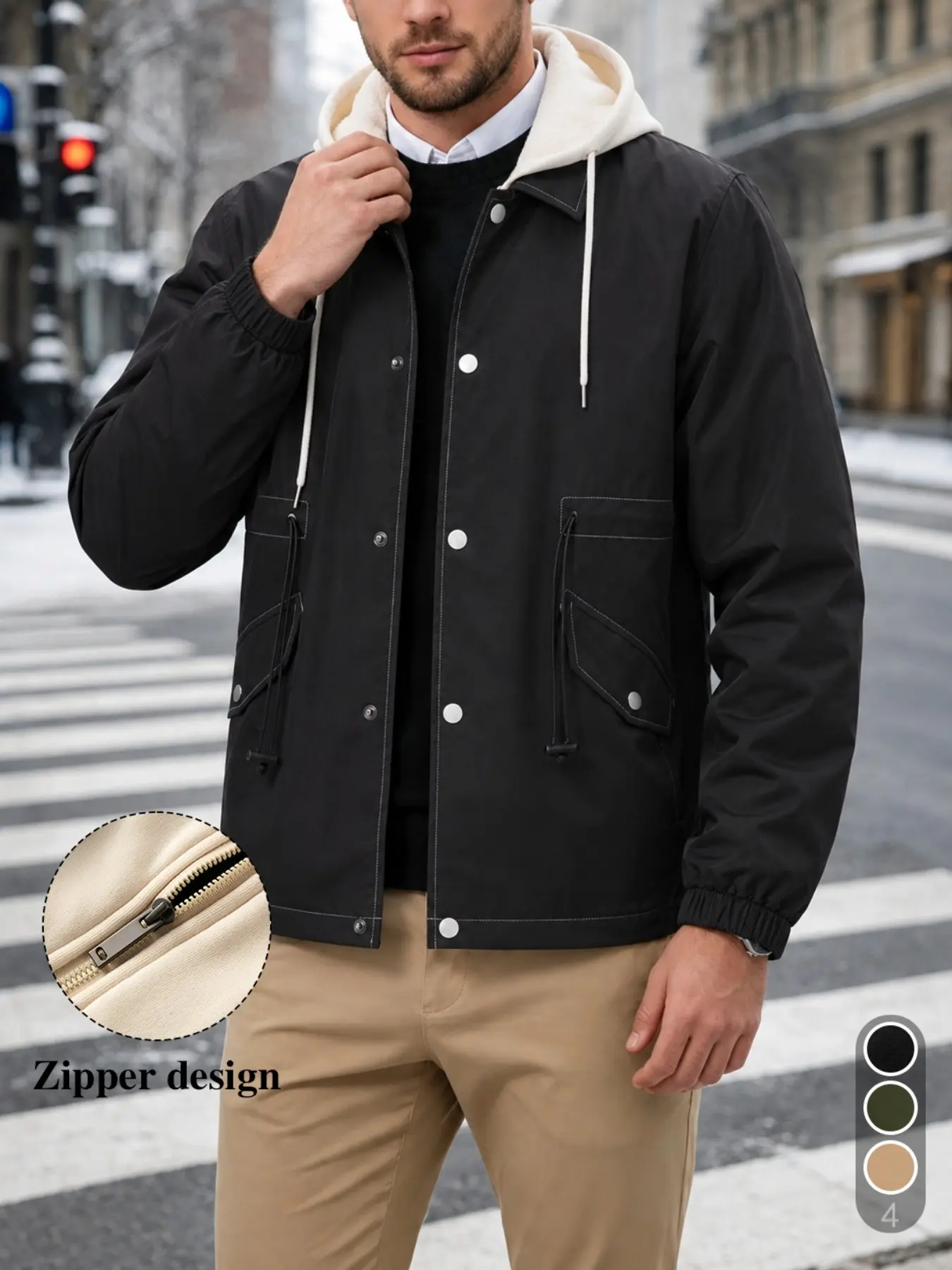 Men's Autumn/Winter Everyday American Workwear Business Hooded Jacket with Snap Button Collar, Suitable for Home, Work, Outdoor, Urban, Regular, Trendy, Casual, Youthful, Simple, Retro, Versatile, High-Quality, Effortless, Stylish, Individualistic, Sporty