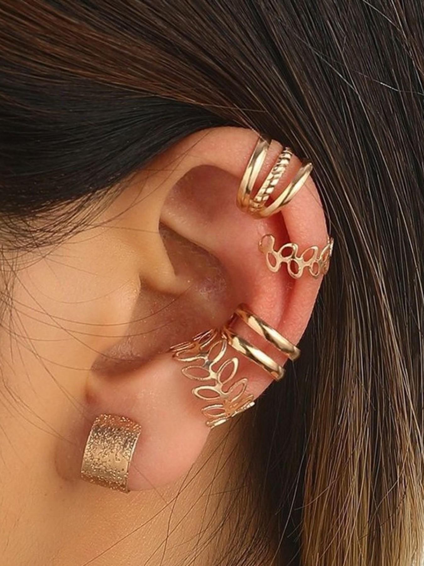 5 Pcs Creative Hollow Out Gold/silver Color Alloy Earrings, No Piercing Ear Clip, Elegant Ethnic Style, All Seasons Fashion Accessory