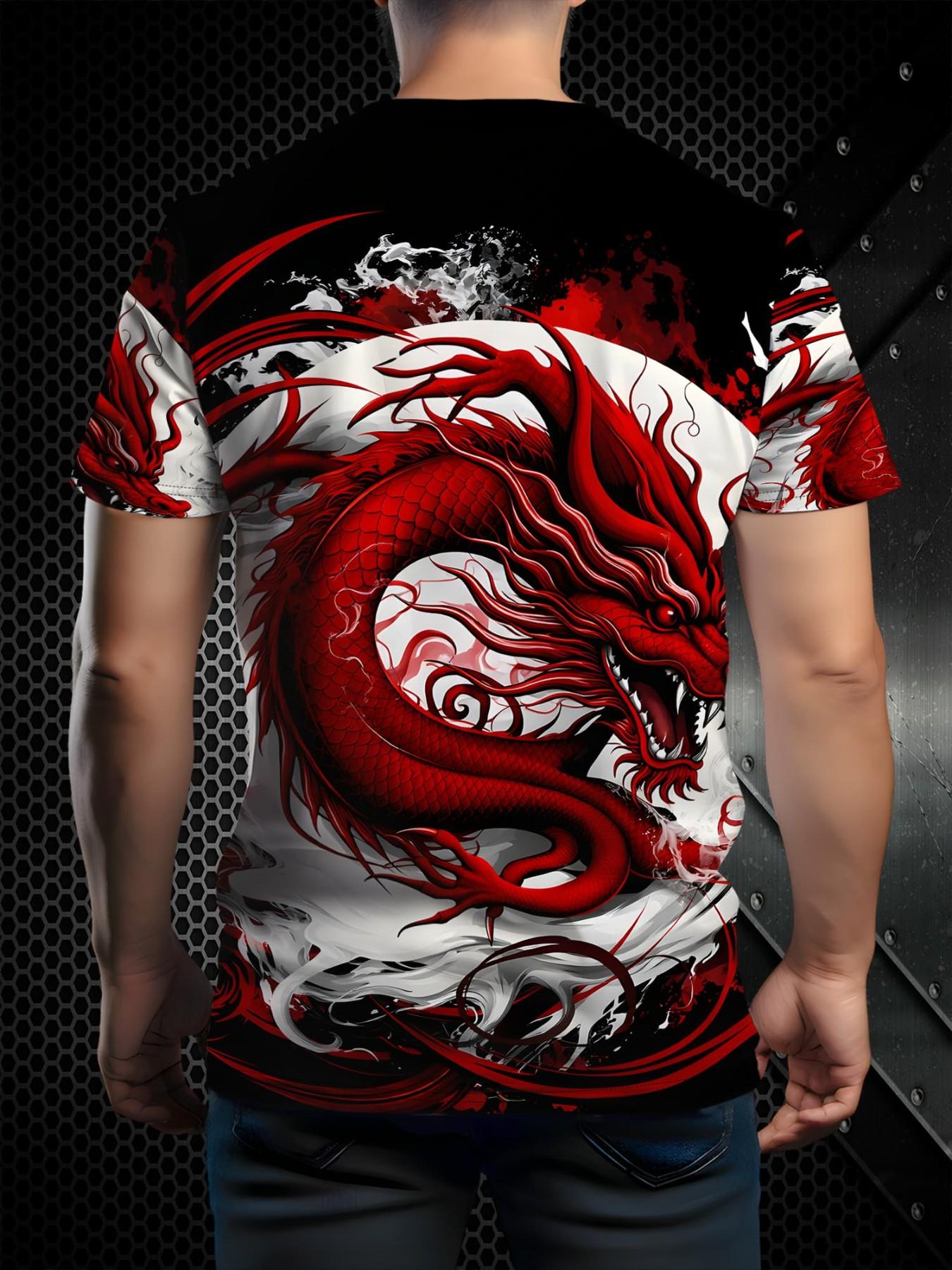 Limited Edition Luxury Men's Ice Silk Short Sleeve T-Shirt, Summer New Business Casual Round Neck Top, Dragon Pattern, Breathable, Loose Fit