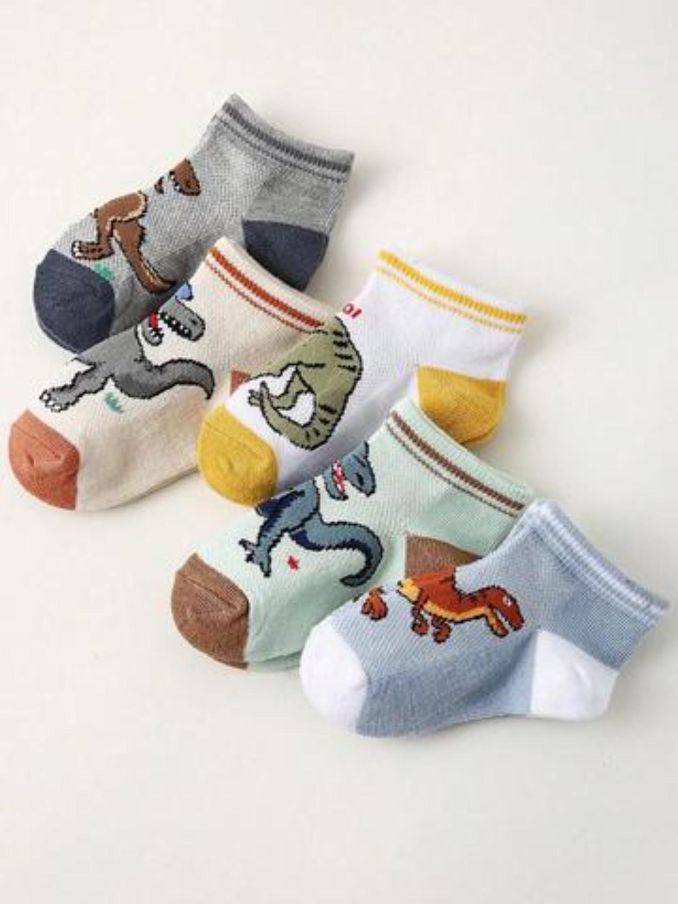 10 Pairs Kids Socks, Spring Summer Mesh Socks, Boy Cartoon Dinosaur Ankle Socks, Soft Comfortable Breathable Short Socks, Casual Daily Wear