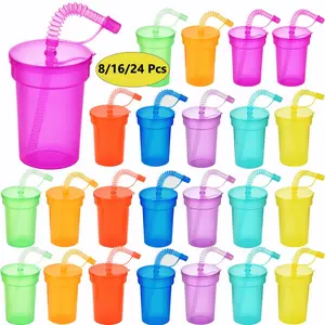 24 Pack Neon Color Straw Cups with Lid and Straw Leakproof Party Cups for Theme Parties Birthdays Reusable Disposable Drinking Cups for Events Festivals