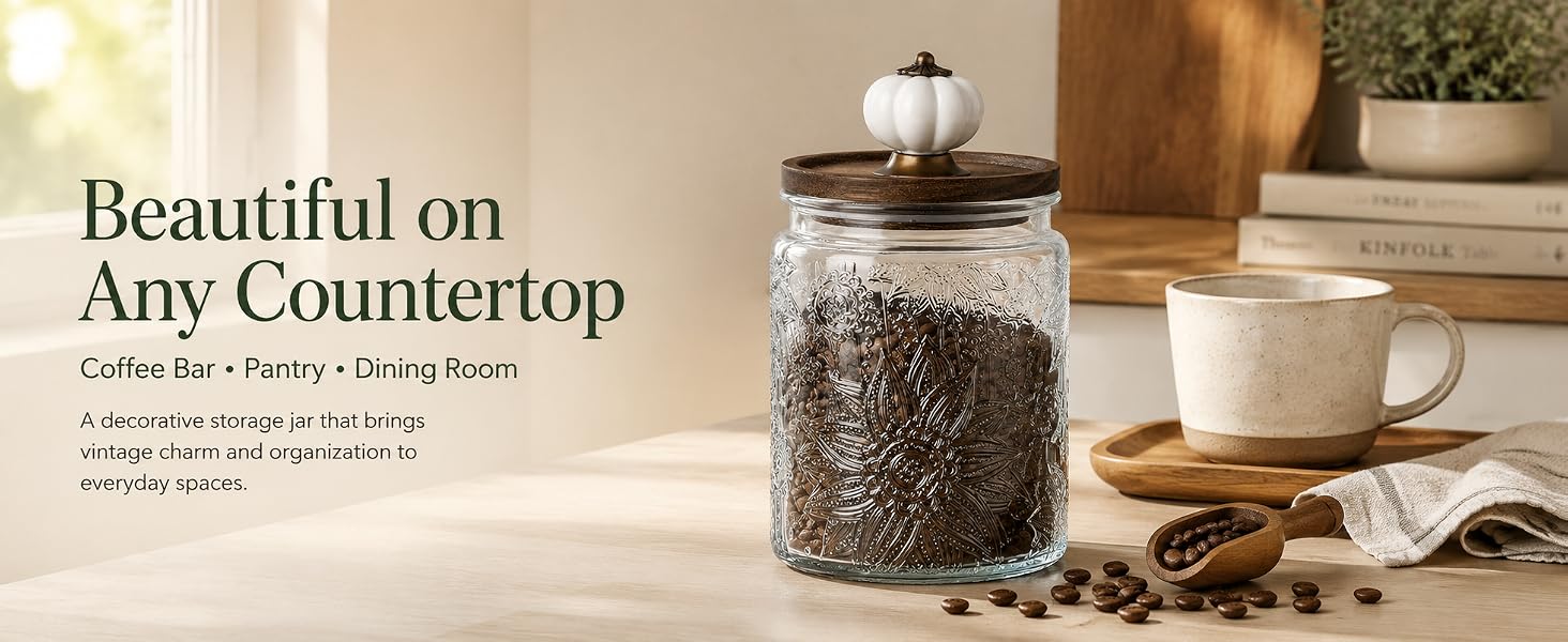 Arthink 23.7 Fl Oz Vintage Glass Storage Jar with Pumpkin Lid, Airtight Glass Canister for Coffee, Sugar, Tea, Cookies, Candy, Pasta & Cereal, Embossed Pantry Container homeessentials