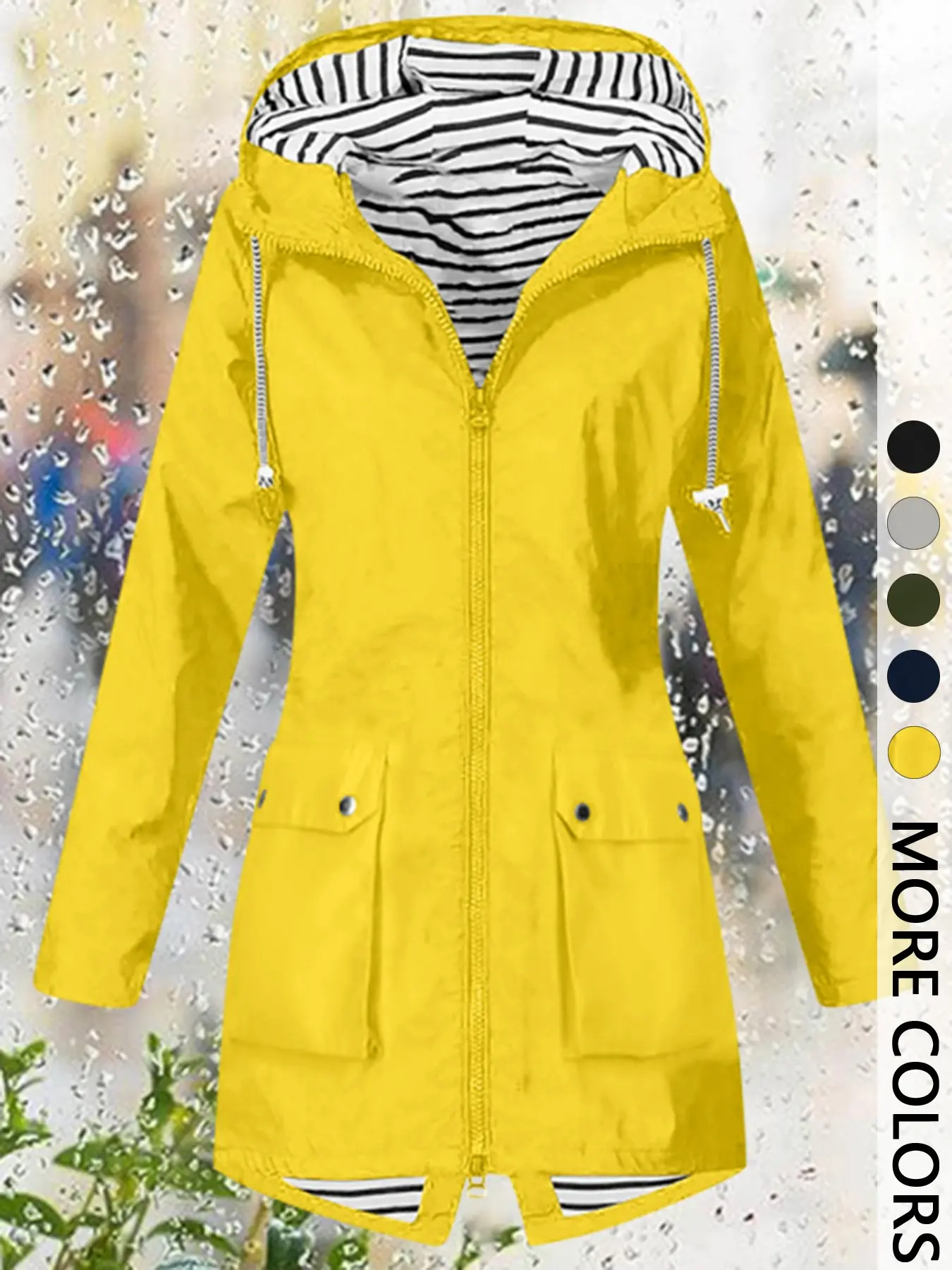 Women Striped Lined Hooded Rain Jacket Drawstring Adjustable Hood Zip Up Mid Length Windbreaker With Flap Pockets Lightweight Outdoor Travel Walking Casual Water Resistant Outerwear Coat
