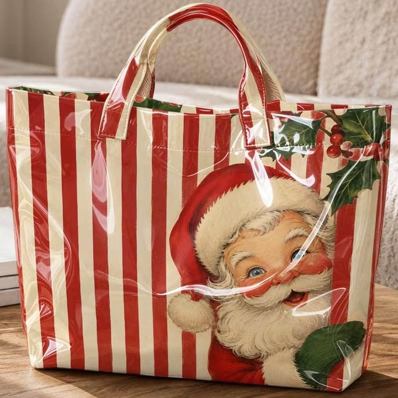 Vintage Santa Claus Christmas Tote Bag, Striped Holly Print Large Capacity Shoulder Backpack, Perfect Gift for Work Beach Shopping