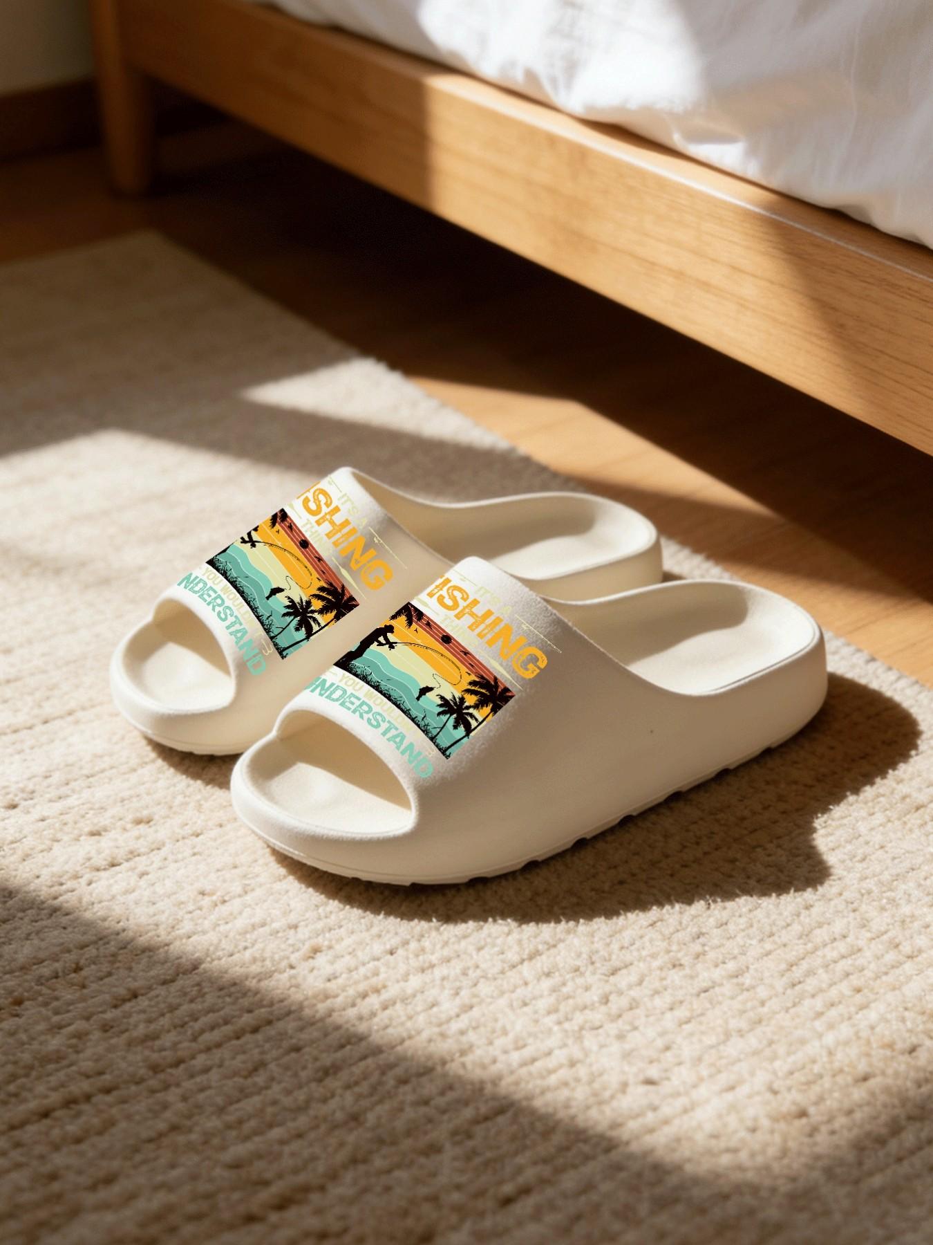 1 Pair Fishing Themed Printed Slippers, Outdoor Casual Style, Non-slip Soft Sole Open Toe Slides, Indoor & Outdoor Dual-use Bathroom Slides