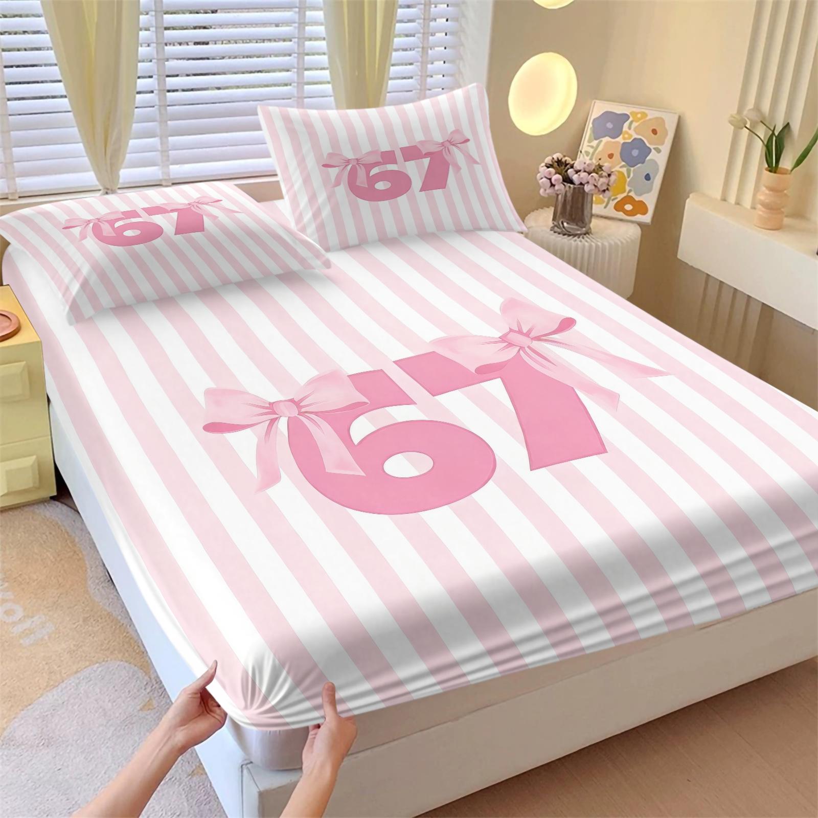 Girly-Style 67 Number Meme Limited Fitted Sheet Set (2 Pillowcases Included) | Soft & Comfortable, Creative Trendy Gift, Home Personality Highlight Bedsheet Sets