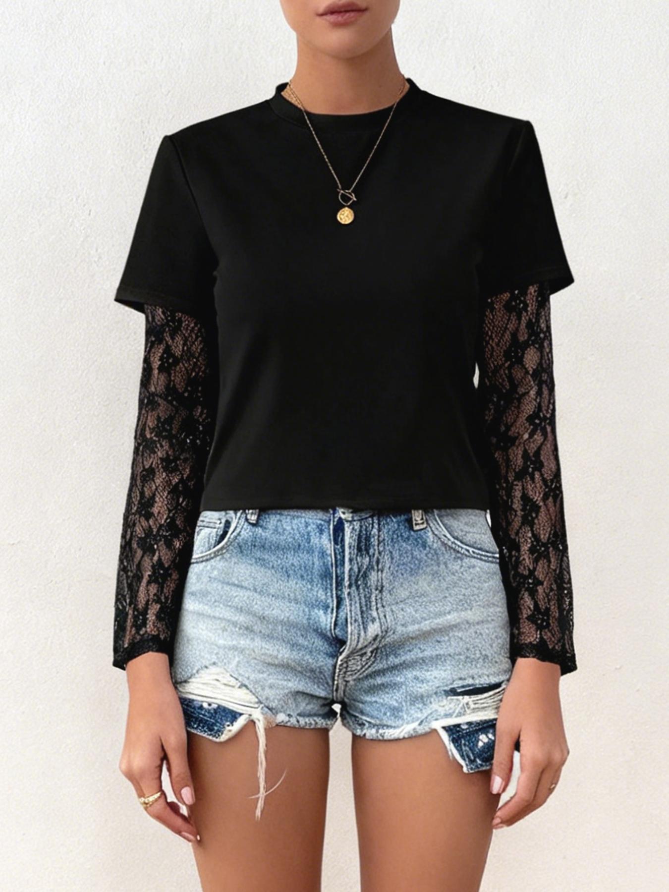 Women's See-Through Lace Sleeve Solid Color Round Neck Long Sleeve Fitted Casual T-Shirt Spring Fall Cloth For Women