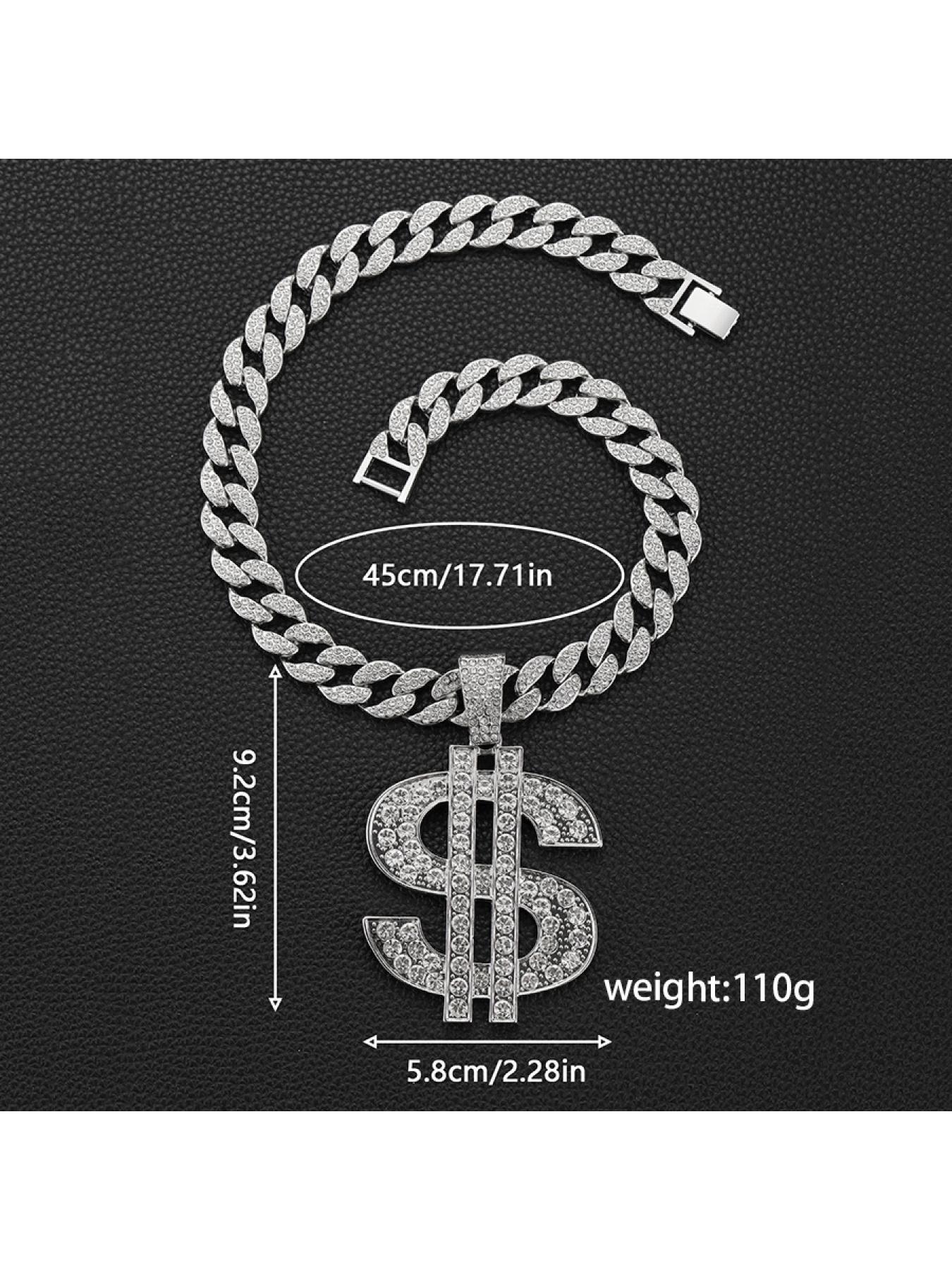 Dollar sign necklace, exaggerated full diamond dollar pendant, unisex personalized trendy hip-hop long necklace