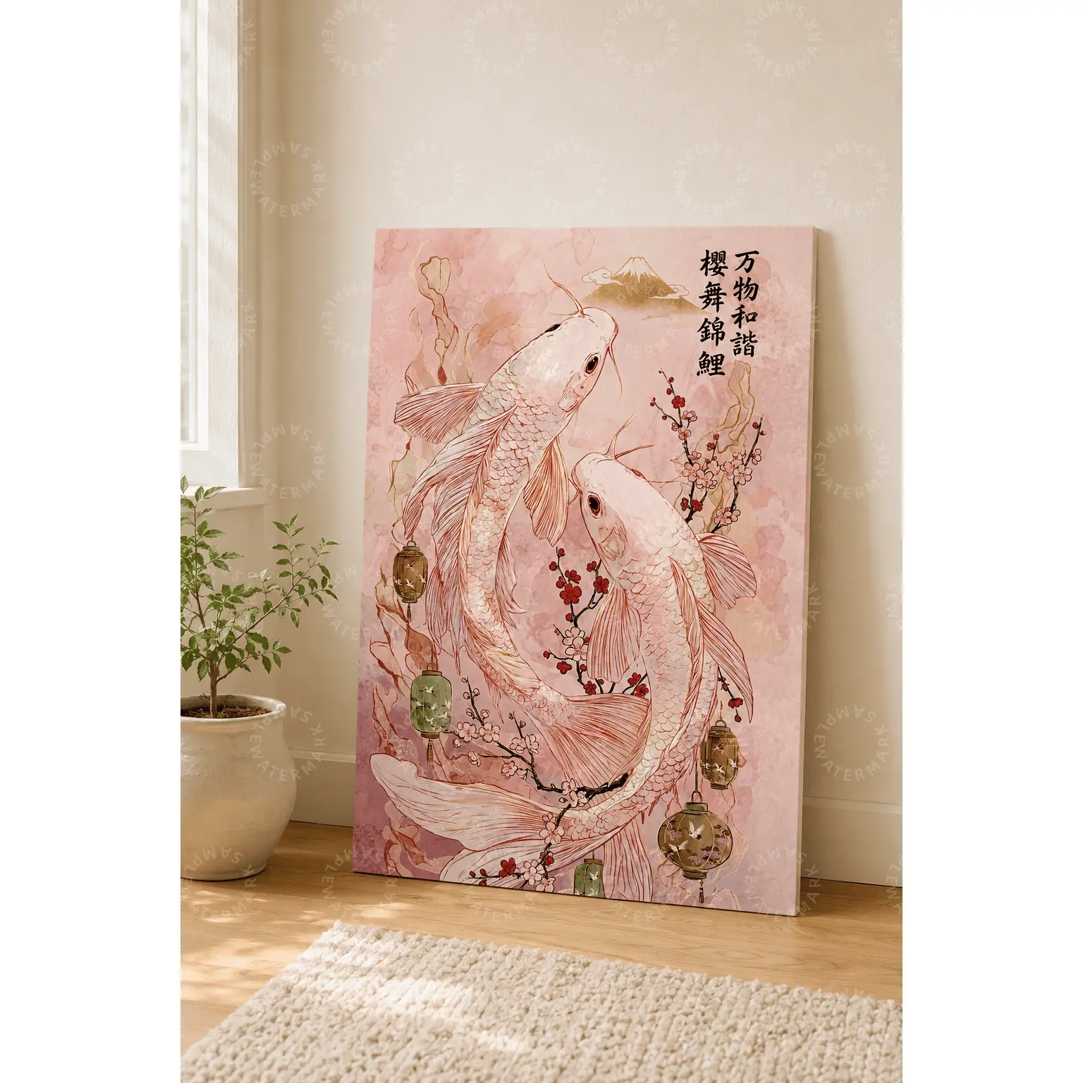 Blush Pink Koi Fish Canvas Art, Cherry Blossom and Lantern Japanese-Inspired Poster, Elegant Zen Wall Decor, Aesthetic Bedroom Wall Art, Living Room Decor, Office Wall Art, Koi Lover Gift