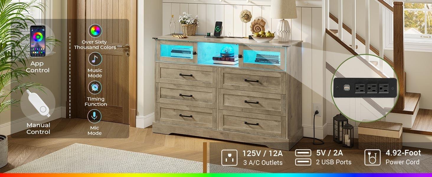 Sikaic 6 Drawers LED Dresser with Outlets Rustic Wood Top Cabinets