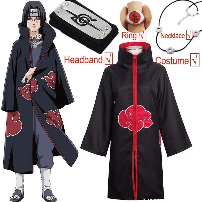 Kakashi Cosplay Costume Akatsuki Cloak Uchiha Itachi Sharingan Headband Necklace Ring Kunai Pain Halloween Costume for Men Kids