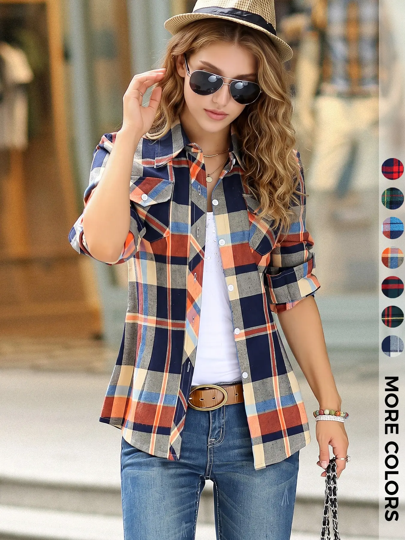 Vintage Western Flannel Plaid Shirt for Women, Fitted Long‑Sleeve Lapel Button‑Front Casual Blouse with Chest Pockets, Everyday Commute Outfit for Spring & Fall, Available in Extended Sizes up to 5XL