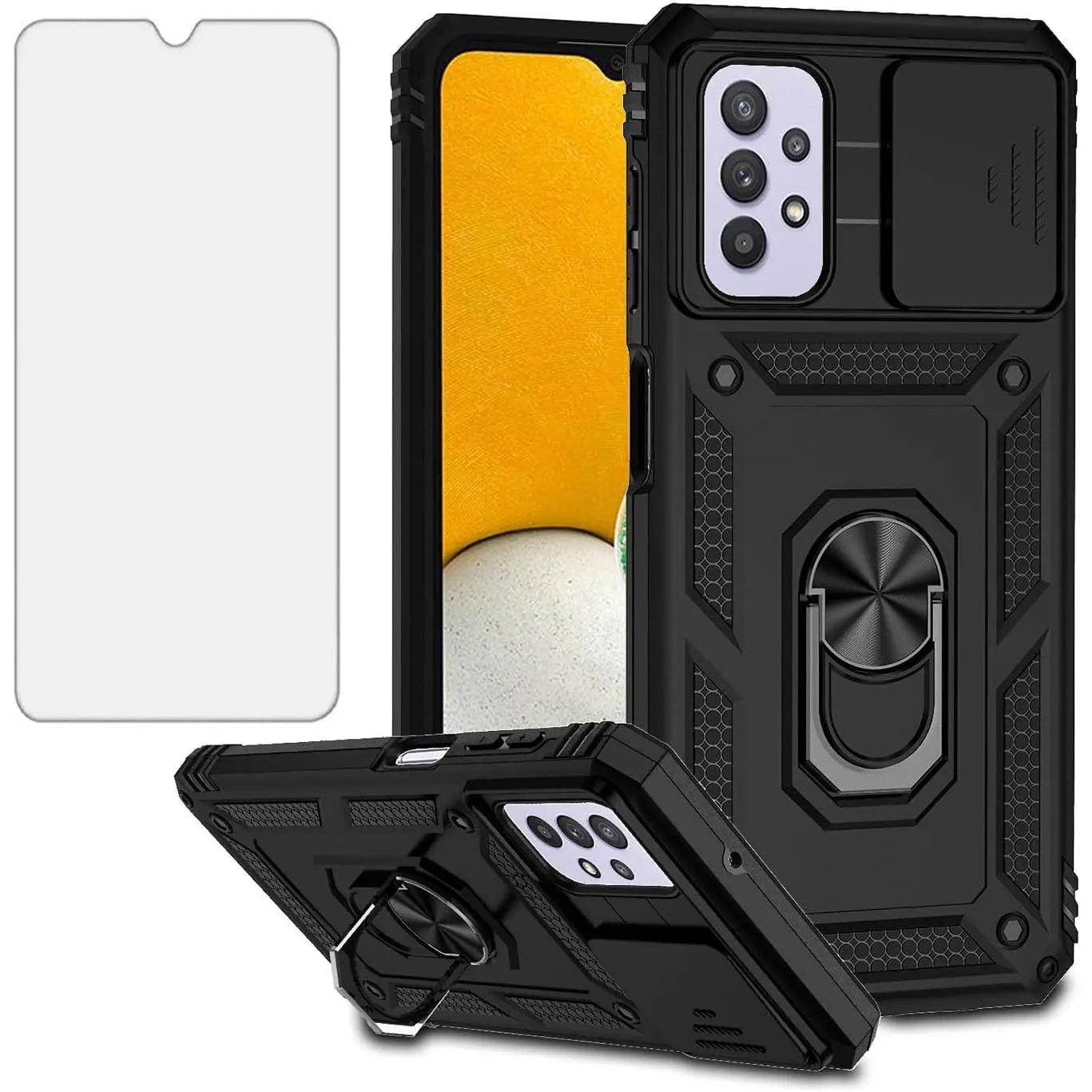 Phone Case for Samsung Galaxy A32 5G 2021 6.5 inch with Slide Camera Cover Tempered Glass Screen Protector Ring Holder Stand Rugged Protective M32 G5 32 32A S32 SM-A326U A326U Women Black