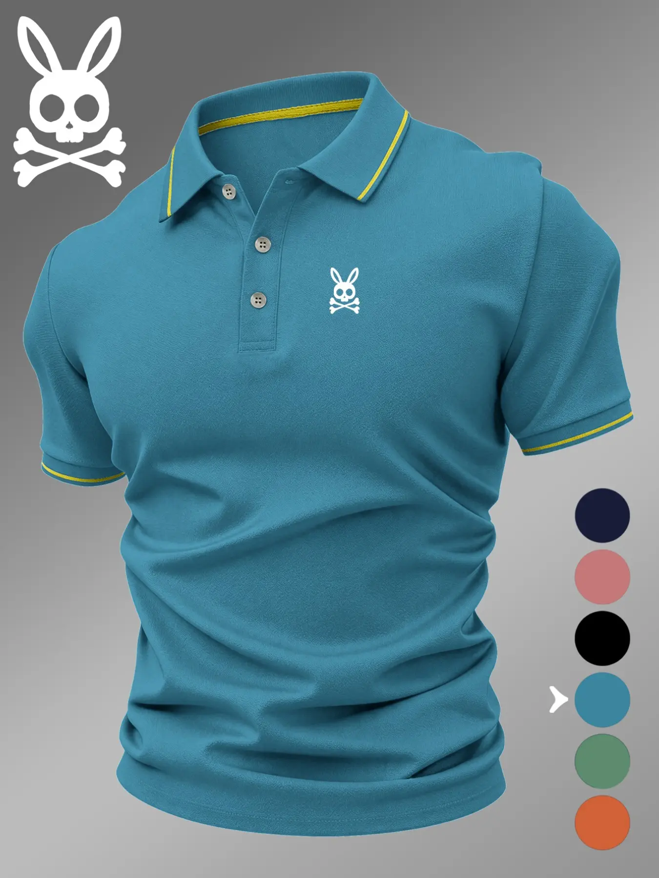 Men's Casual Breathable Skull Rabbit Print Polo Shirt, Elastic Comfortable Durable High-End Polo Top, Buttoned Polo Shirt, Collared Polo Shirt, Printed Polo Shirts #GLOBAL PICKS