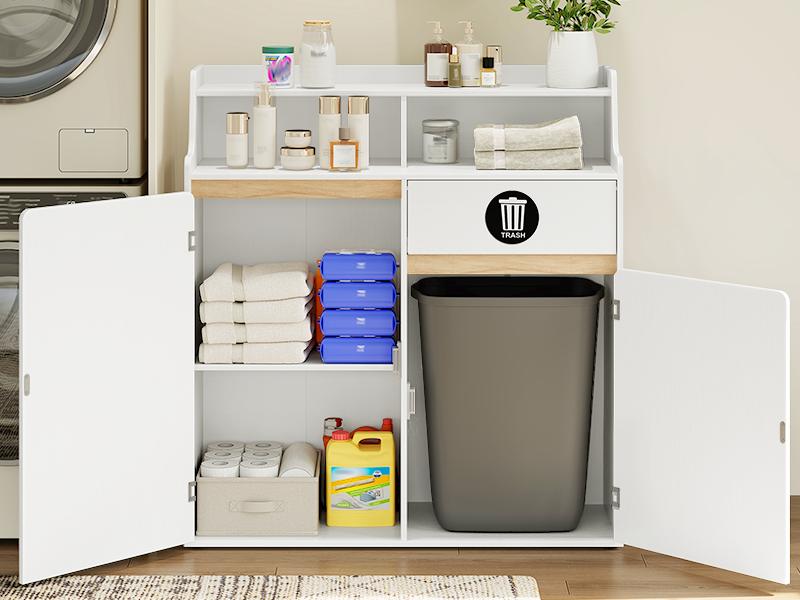 HOOBRO Double Trash Cabinet, 20 Gallon Freestanding Trash Can Cabinet, Removable Shelf & Anti-Tip Kit, Freestanding Kitchen Trash Storage Cabinet, White and Natural WN05LJ01