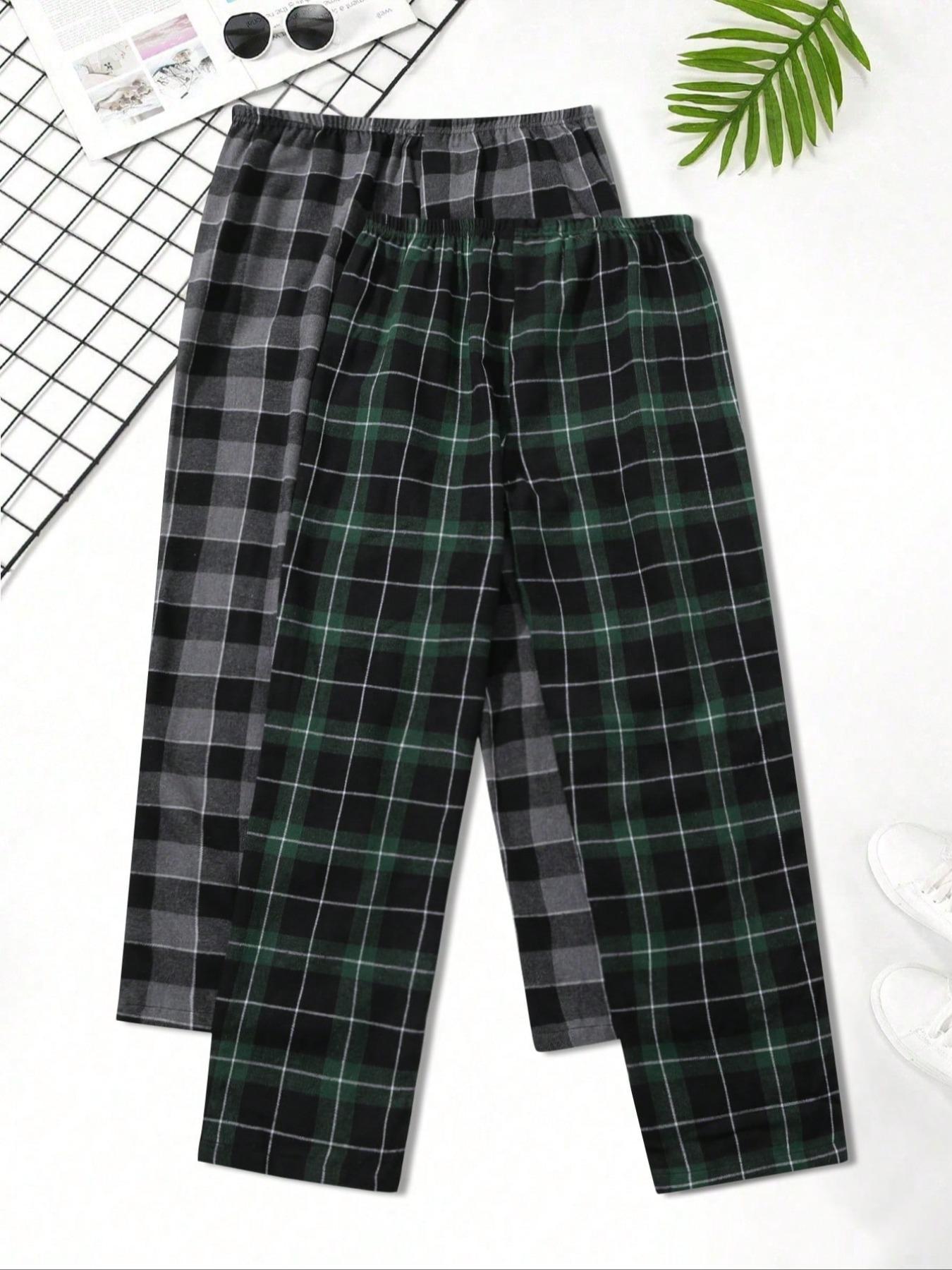 Men's 2pcs Plaid Print Elastic Waist Sleep Pants, Casual Comfy Loungewear Pants, Soft Breathable Sleep Bottoms for All Seasons